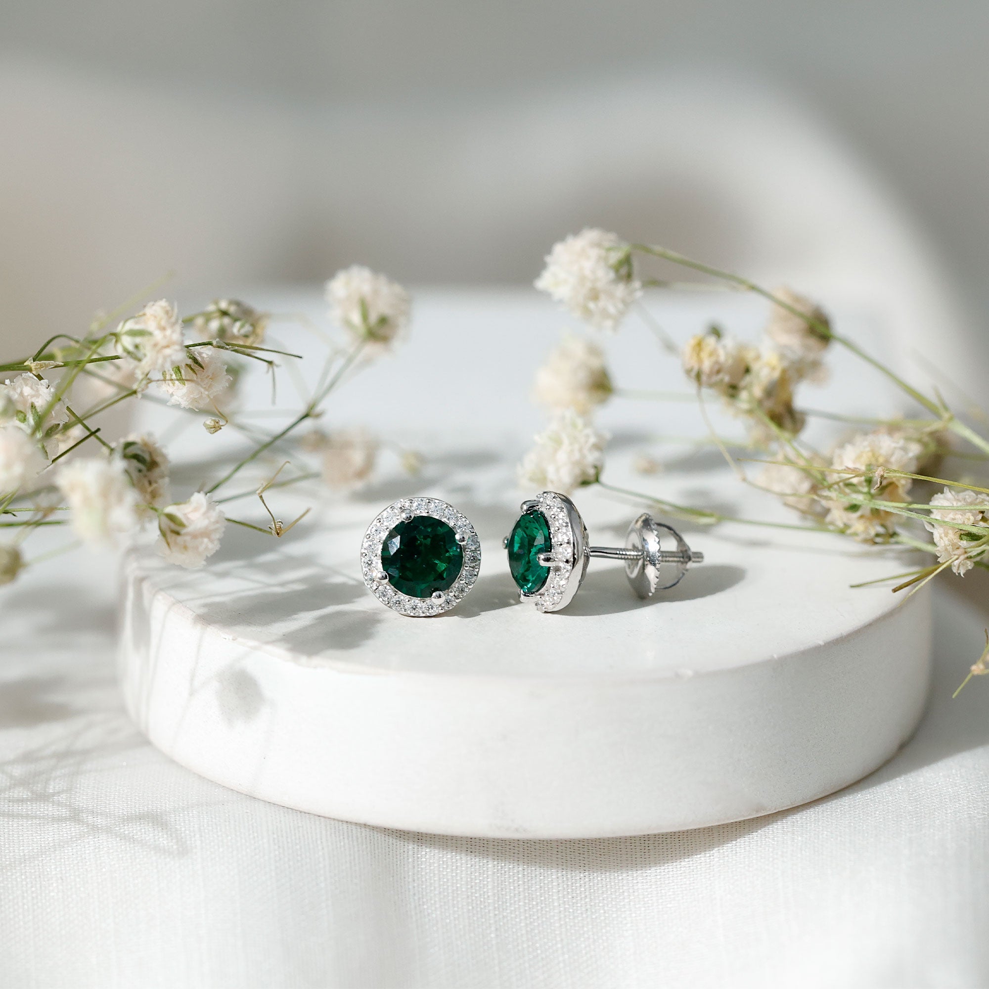 Lab Created 6MM Emerald and Moissanite Halo Stud Earrings