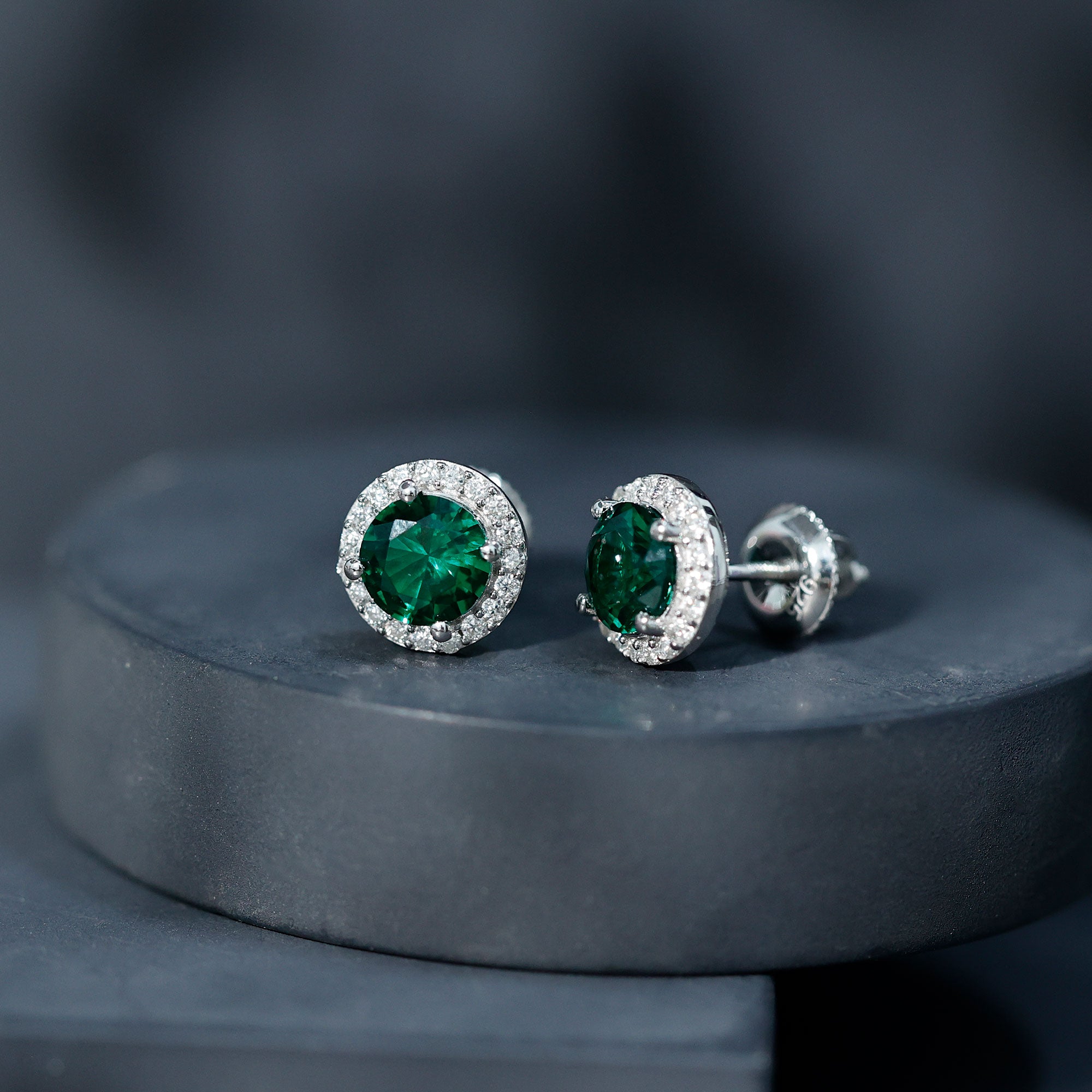 Lab Created 6MM Emerald and Moissanite Halo Stud Earrings