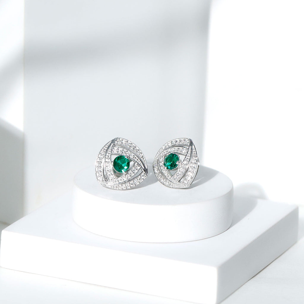 Lab Created Emerald Triangle Stud Earrings in Silver