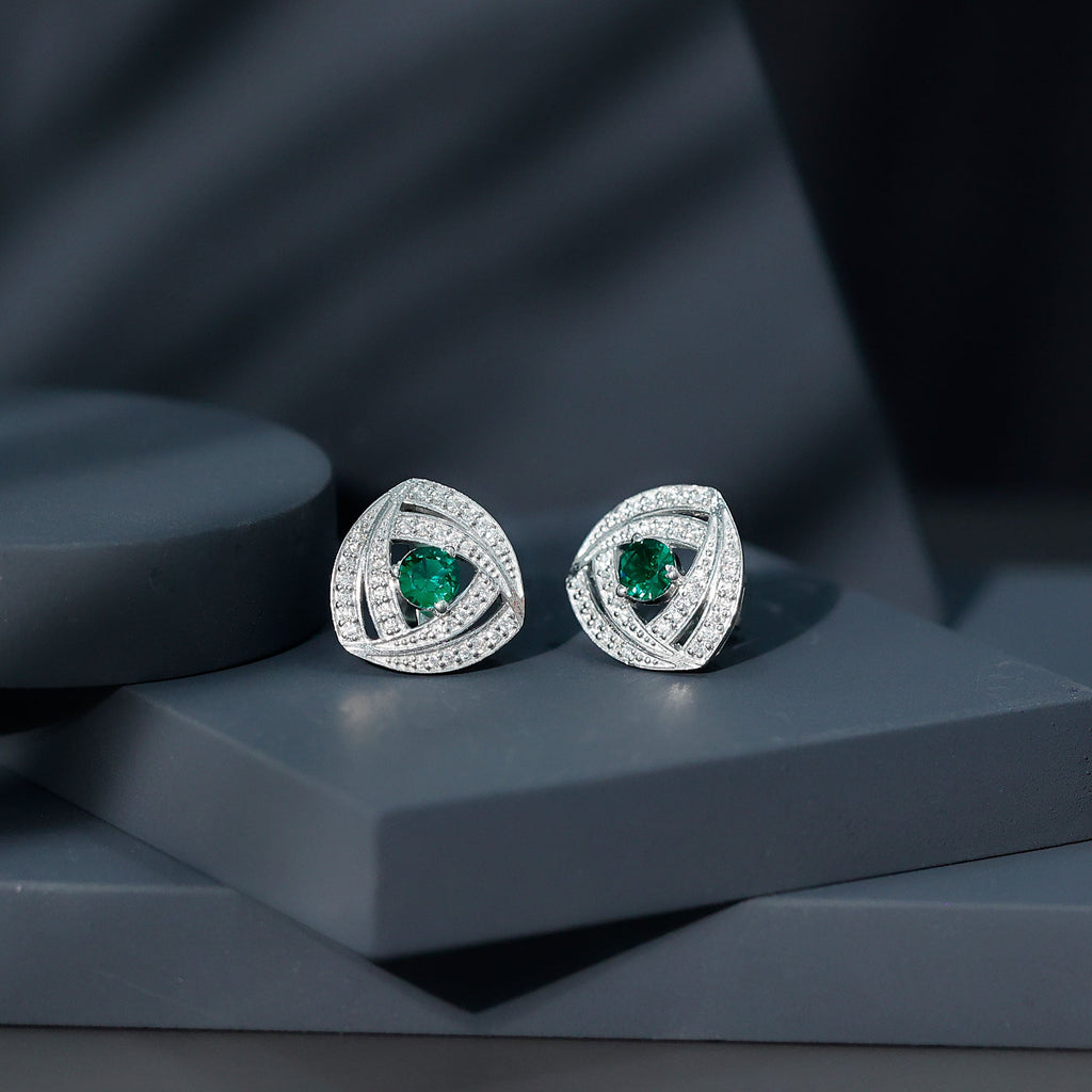 Lab Created Emerald Triangle Stud Earrings in Silver