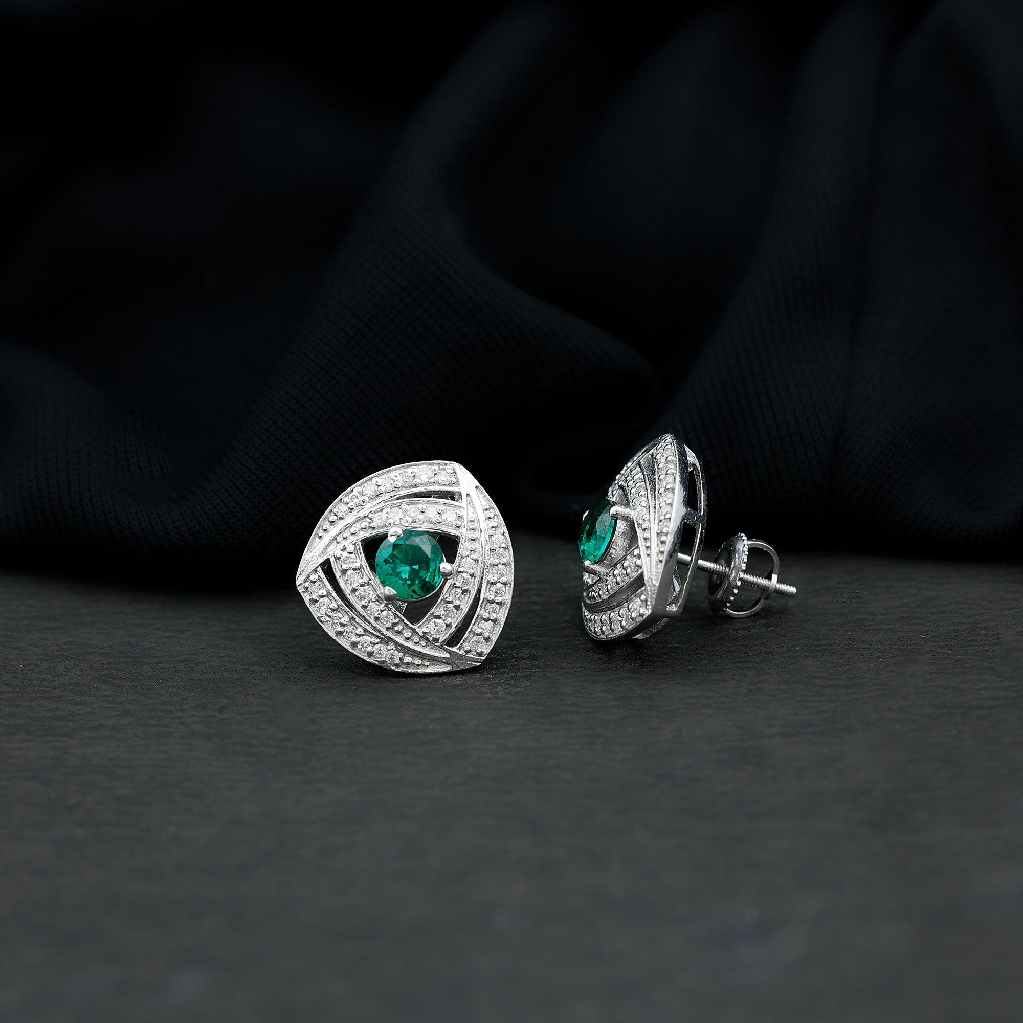 Lab Created Emerald Triangle Stud Earrings in Silver