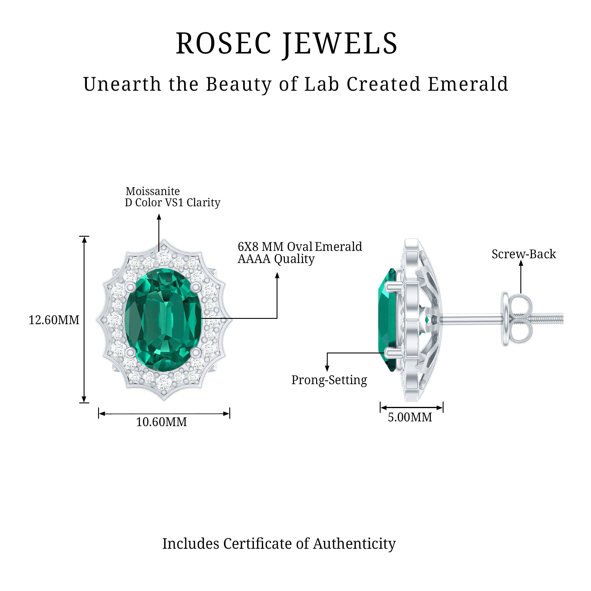 Lab Grown Emerald Vintage Stud Earrings with Moissanite