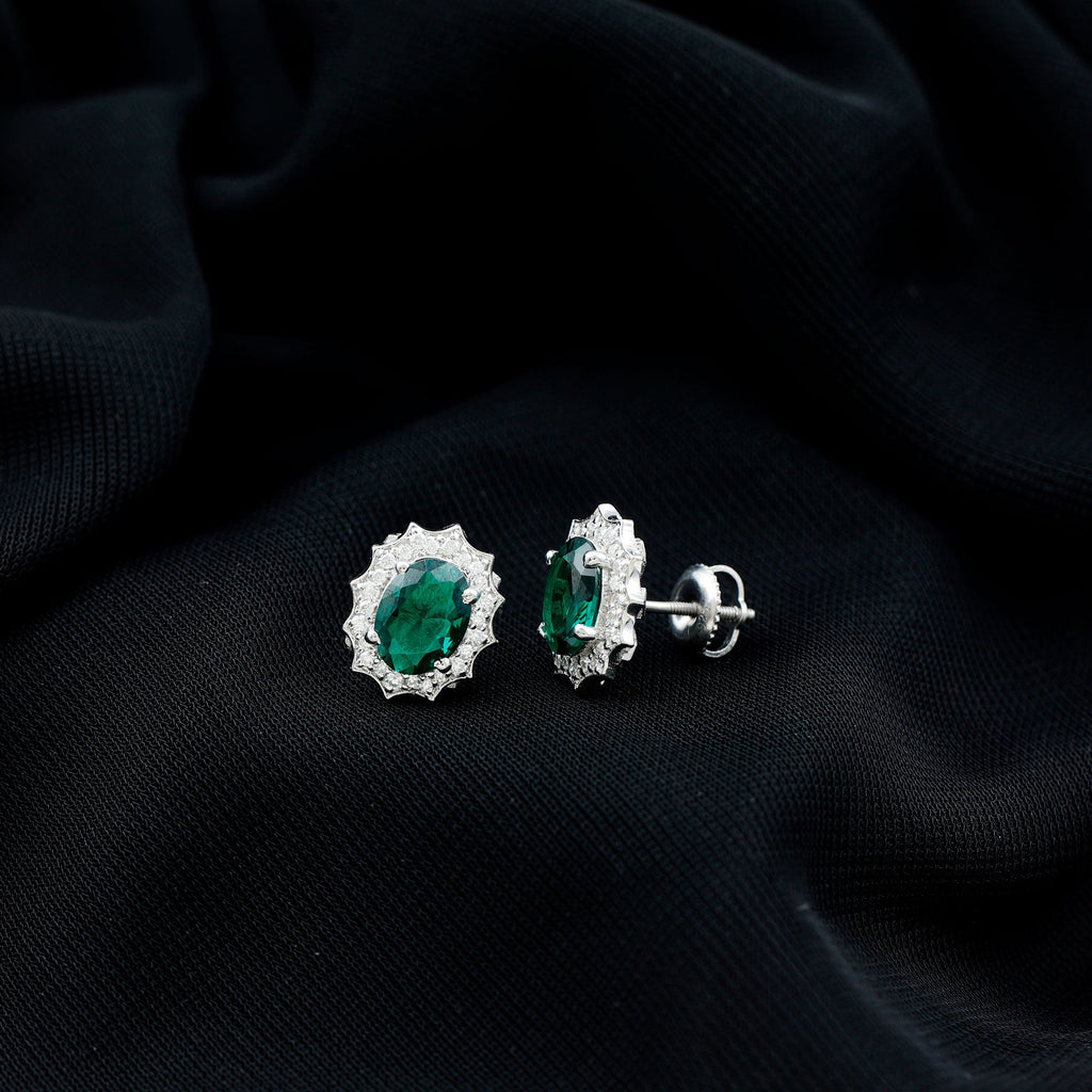 Lab Grown Emerald Vintage Stud Earrings with Moissanite