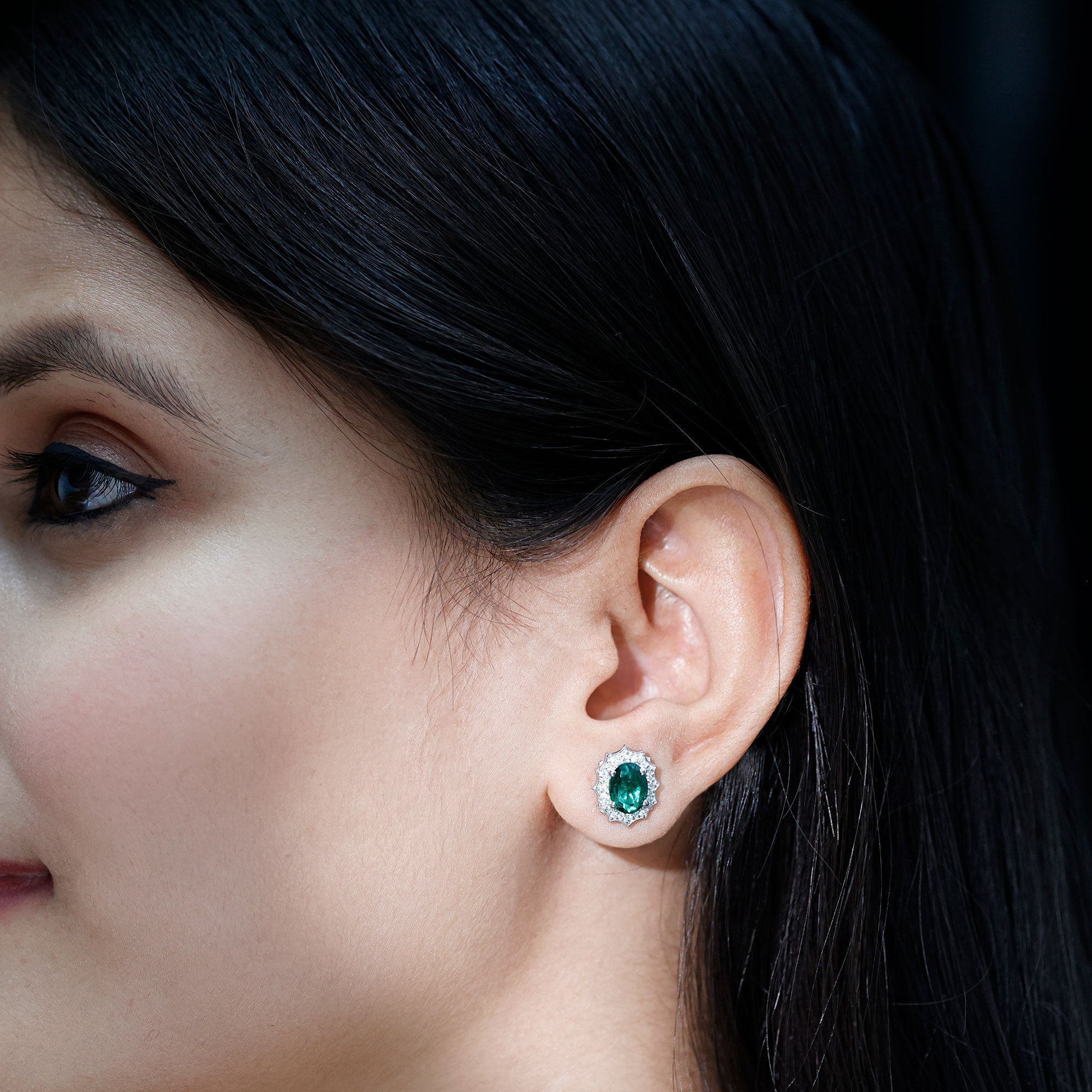 Lab Grown Emerald Vintage Stud Earrings with Moissanite