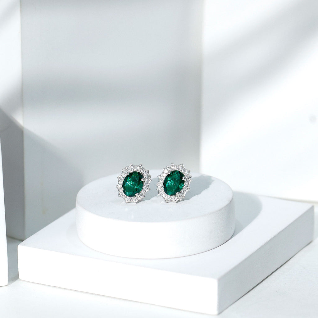 Lab Grown Emerald Vintage Stud Earrings with Moissanite