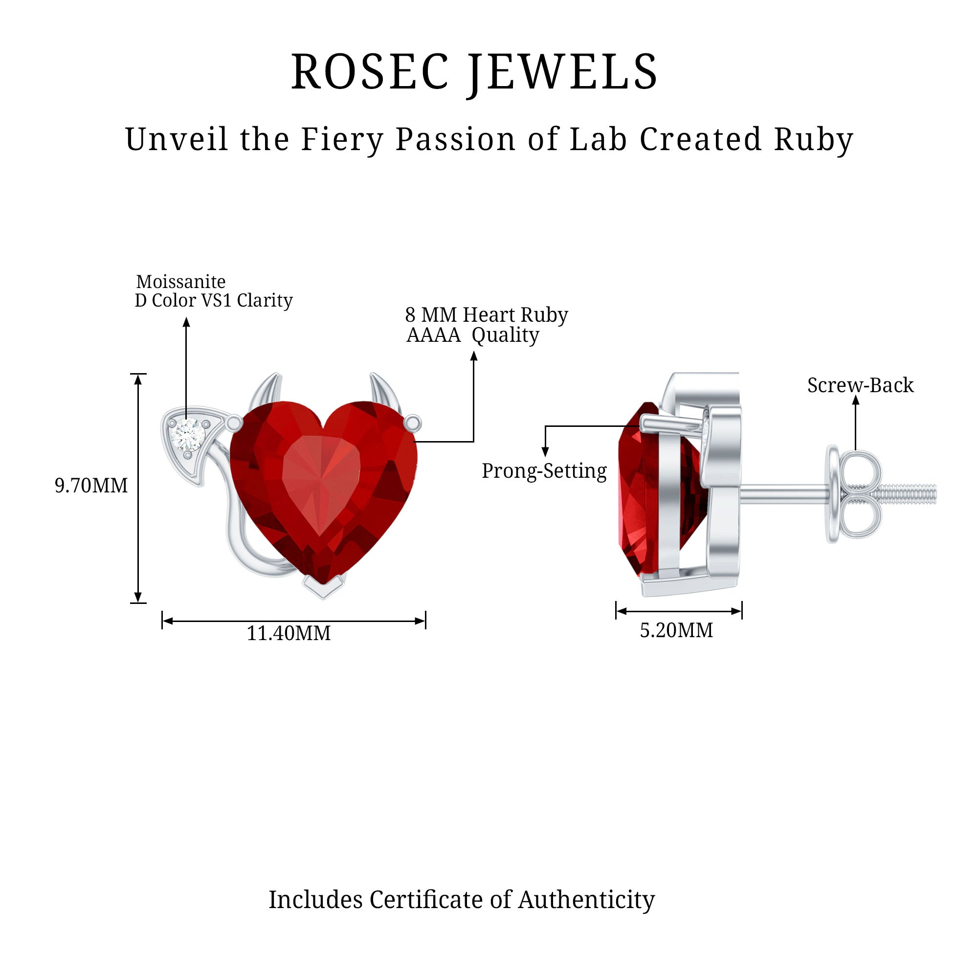 Gothic Lab Grown Ruby Heart Stud Earrings