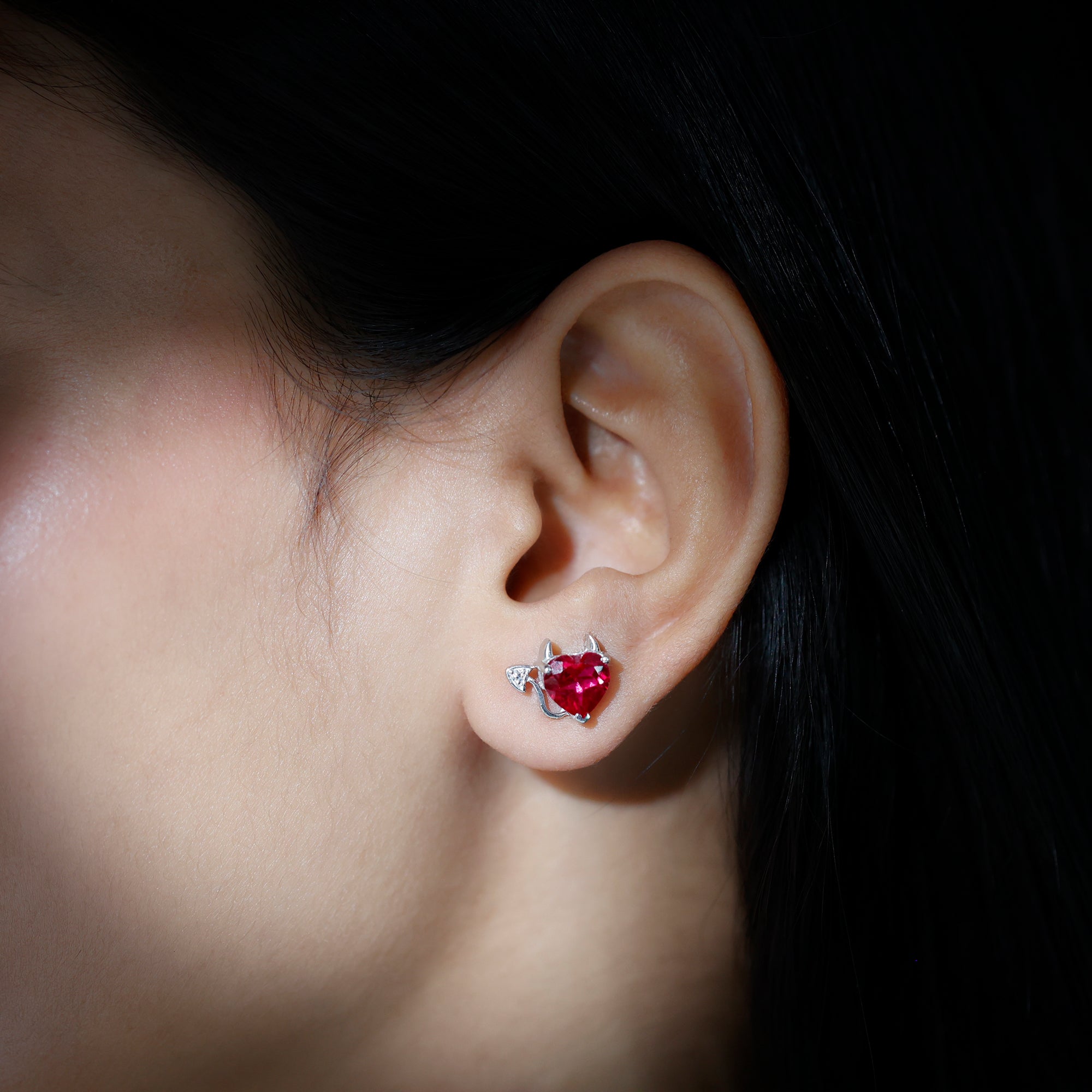 Gothic Lab Grown Ruby Heart Stud Earrings
