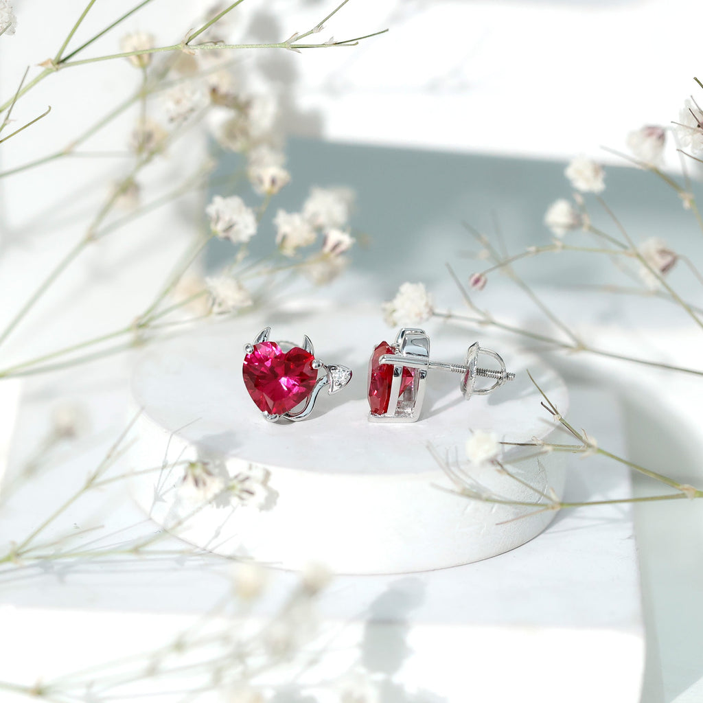 Gothic Lab Grown Ruby Heart Stud Earrings