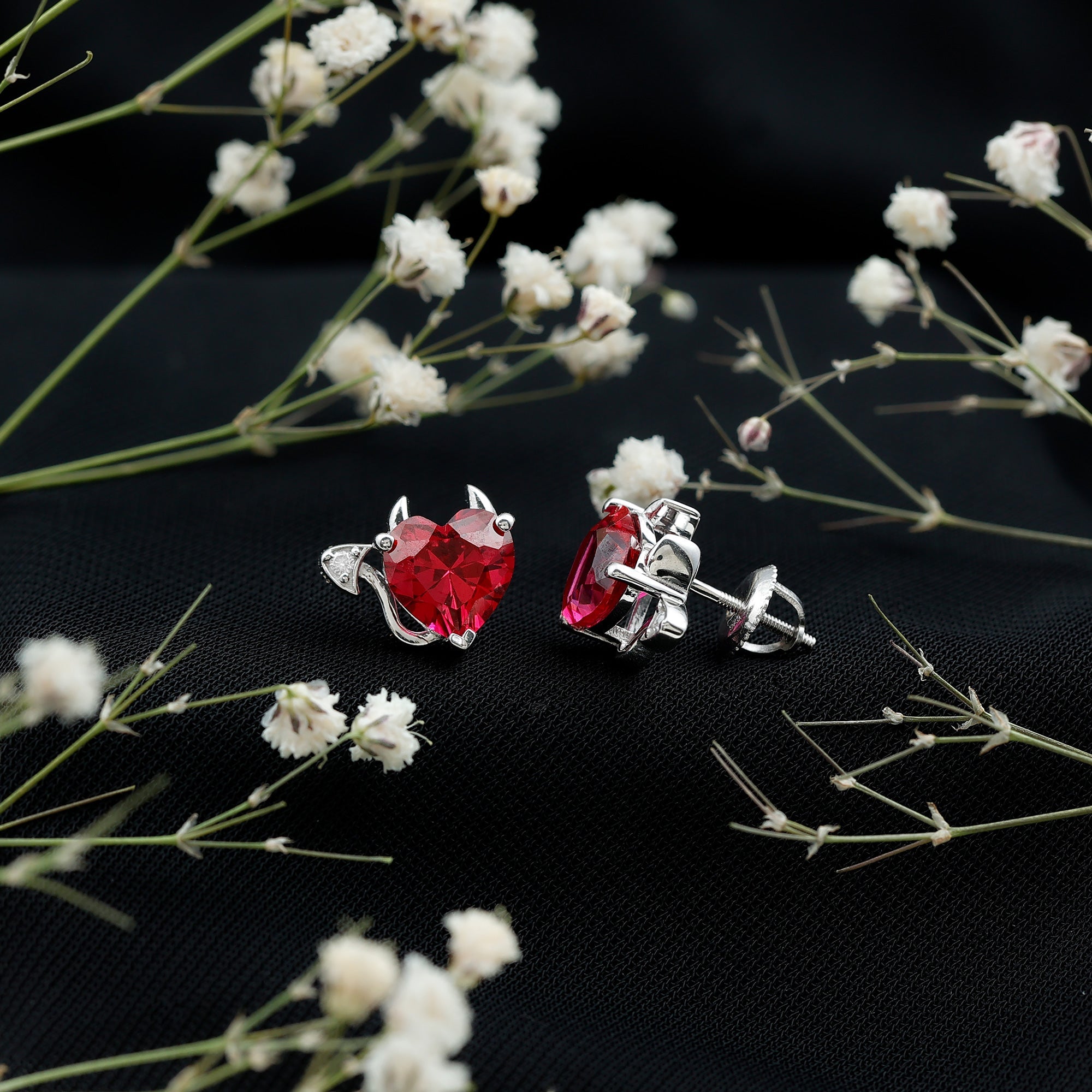Gothic Lab Grown Ruby Heart Stud Earrings