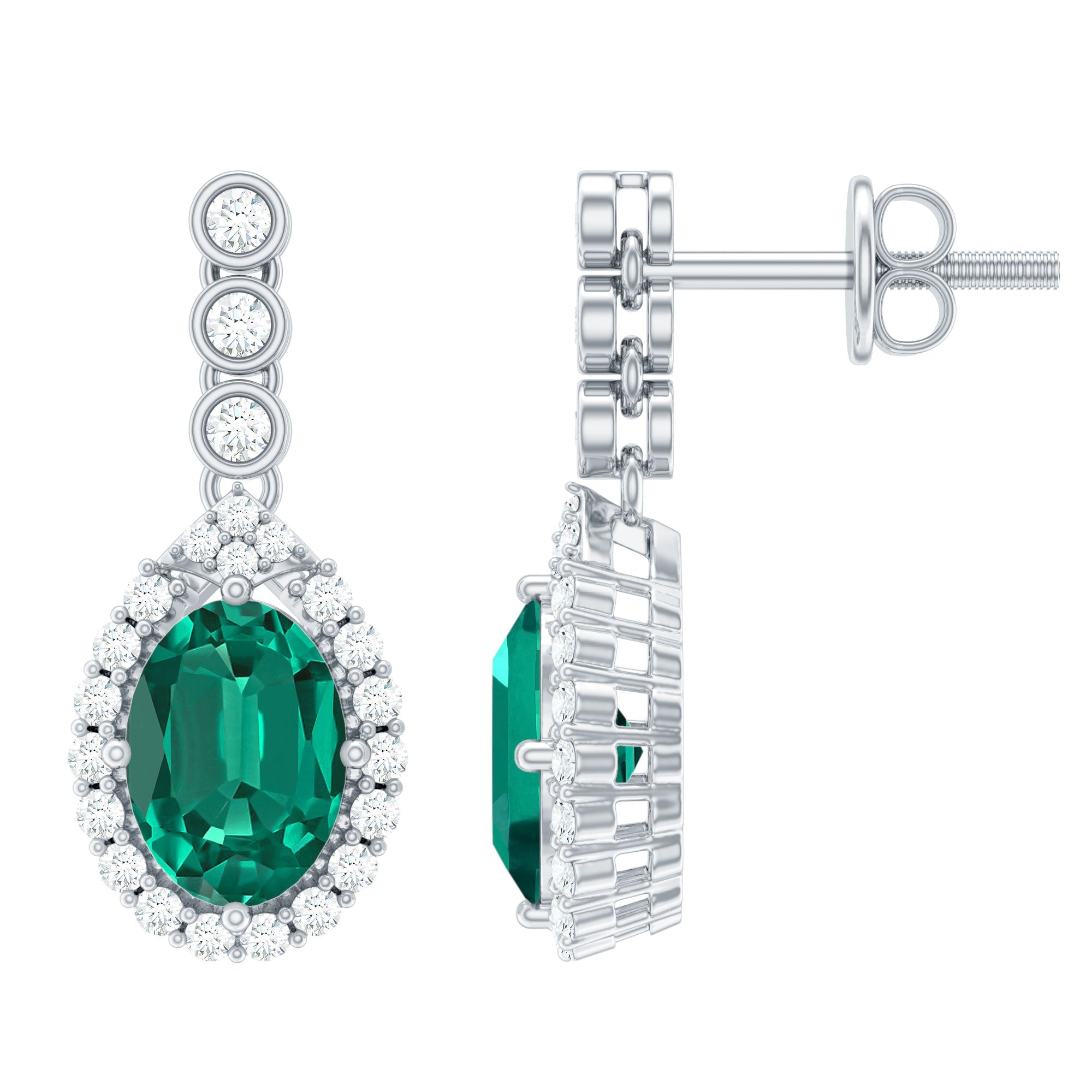 Lab Created Emerald Vintage Earrings with Moissanite Halo