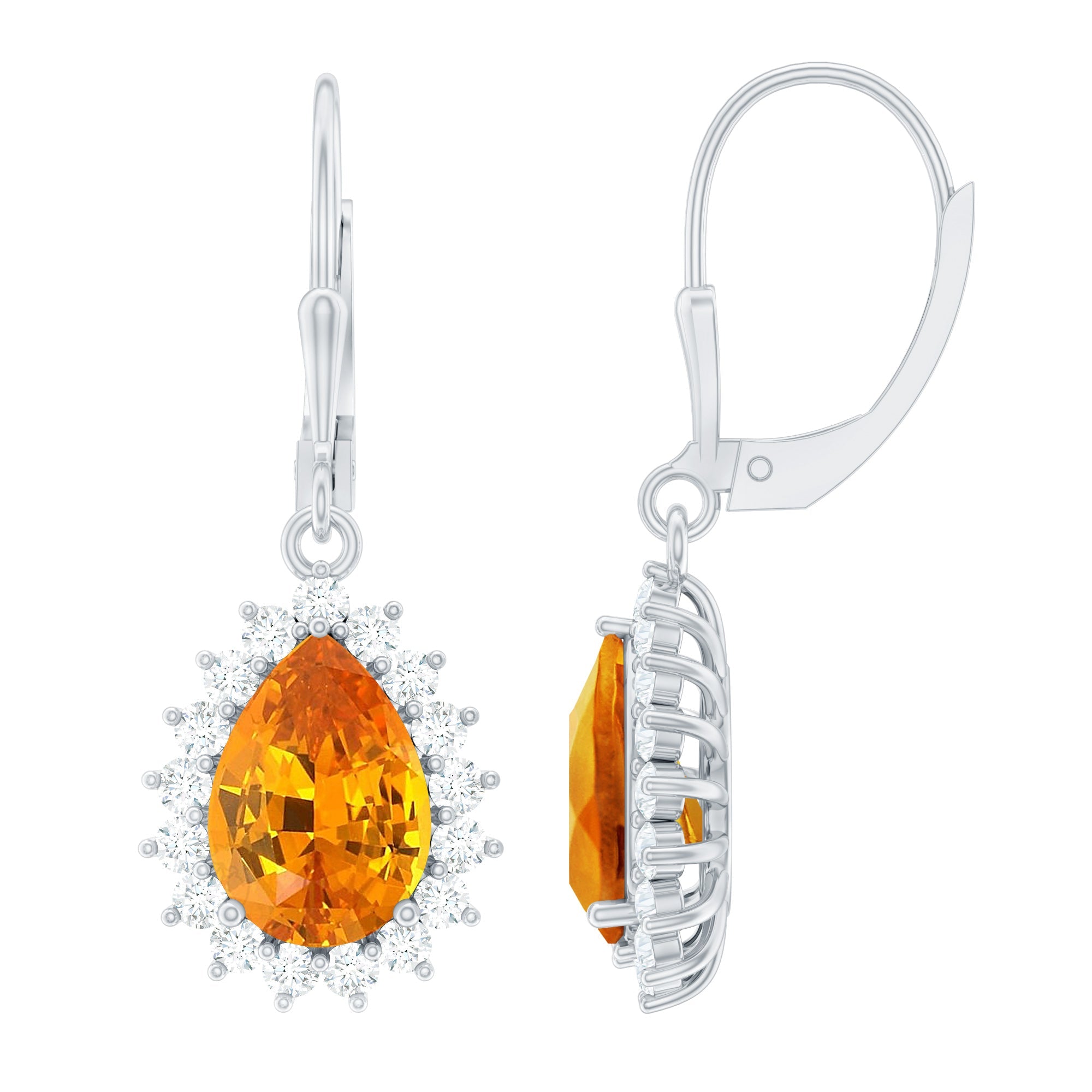 Lab Grown Orange Sapphire Teardrop Earrings With Moissanite Halo Accents