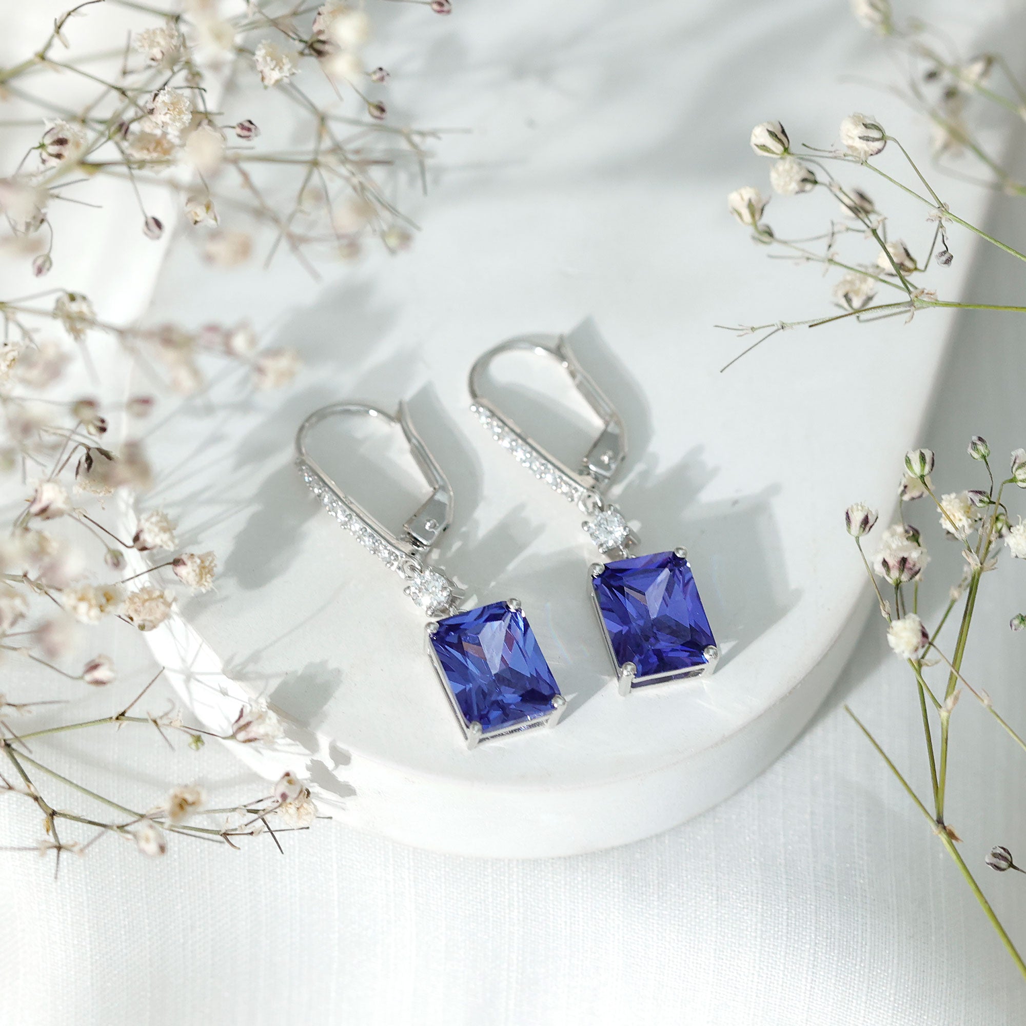 Lab Created Blue Sapphire Drop Dangle Earrings in Silver