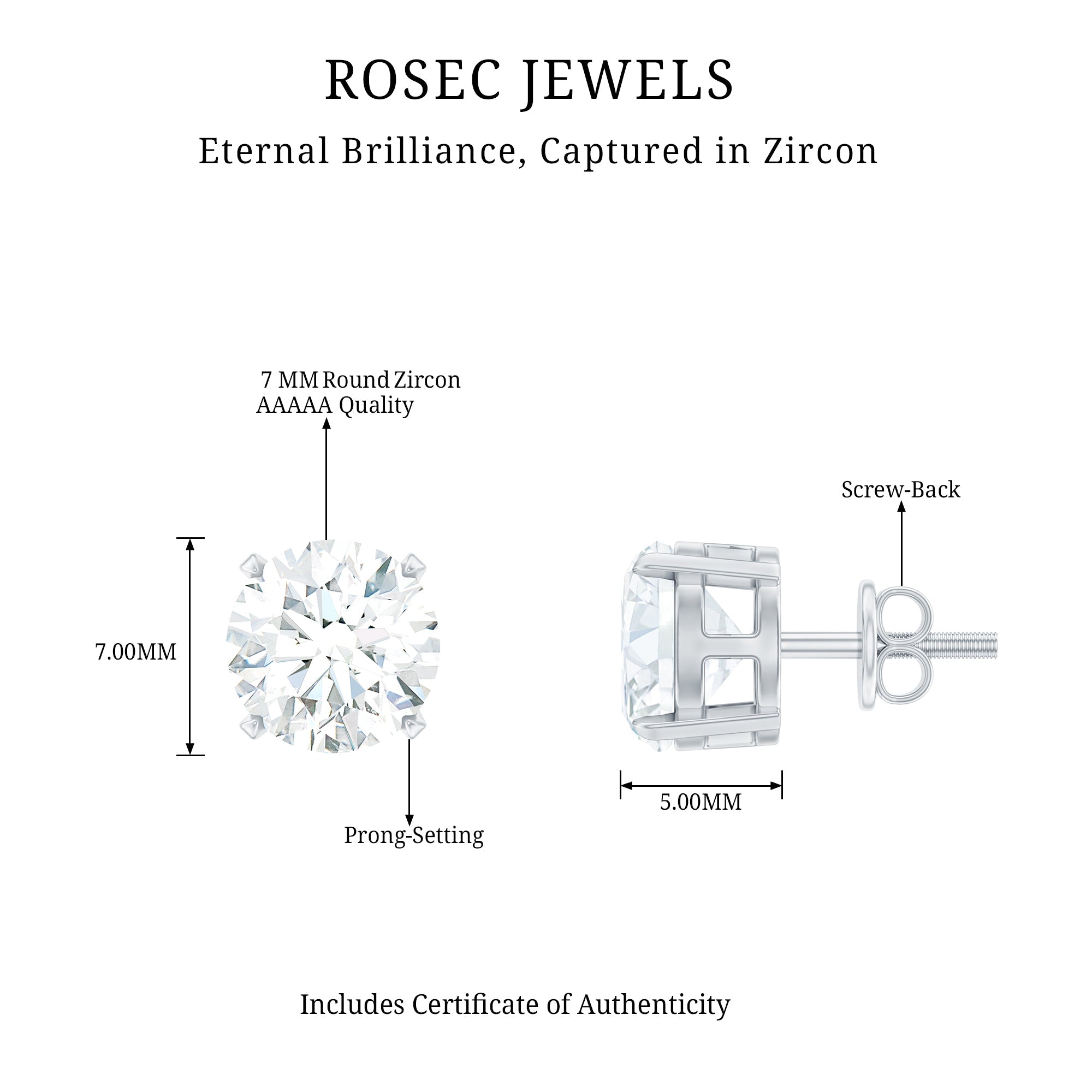 Solitaire 7 MM Cubic Zirconia Stud Earrings with Screw Back