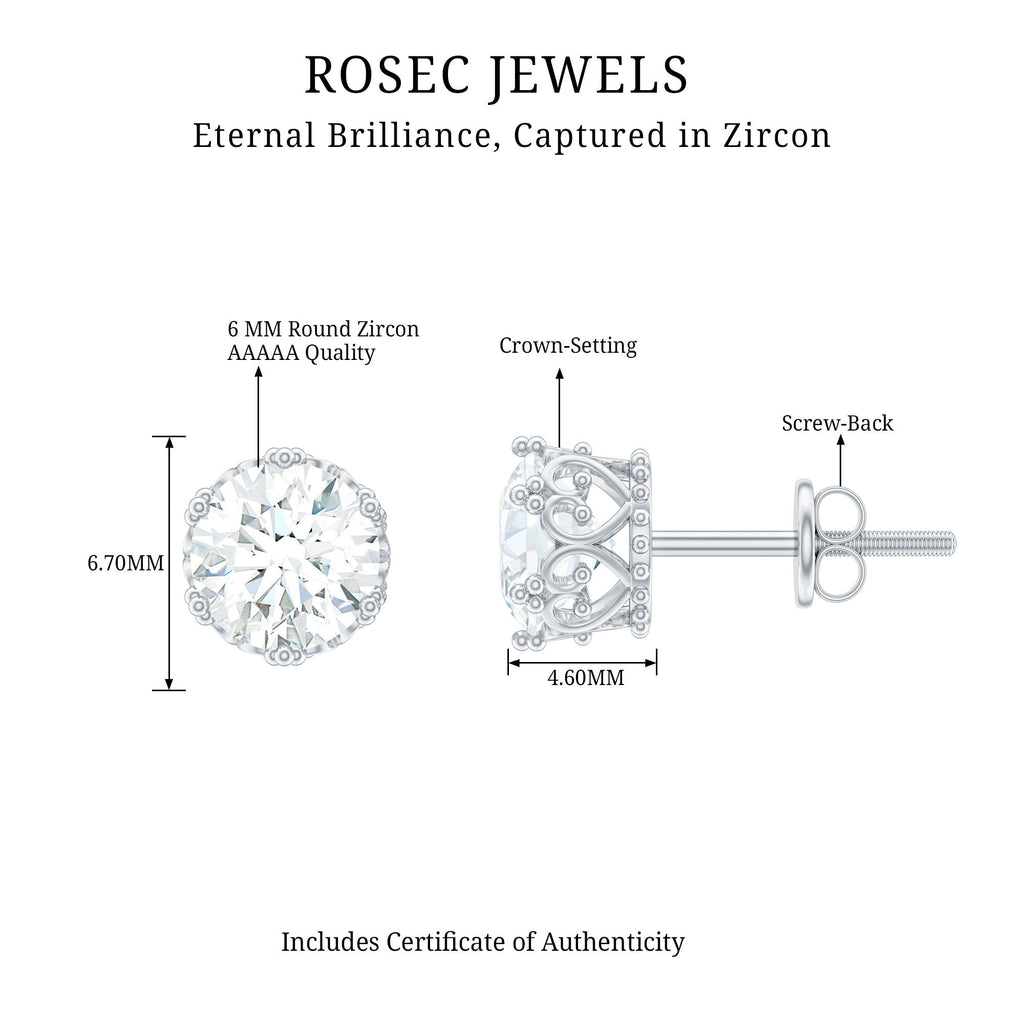 Crown Set 6 MM Round Zircon Solitaire Stud Earrings in Silver