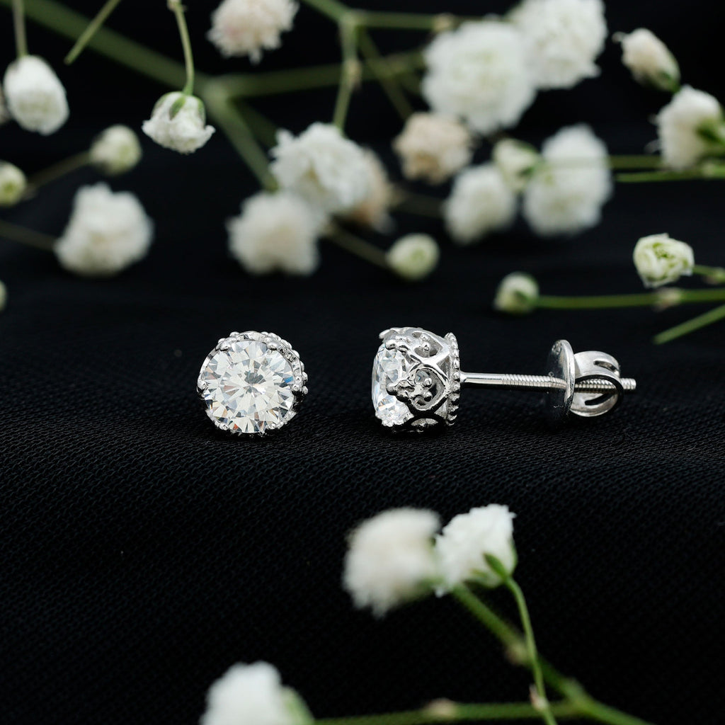Crown Set 6 MM Round Zircon Solitaire Stud Earrings in Silver