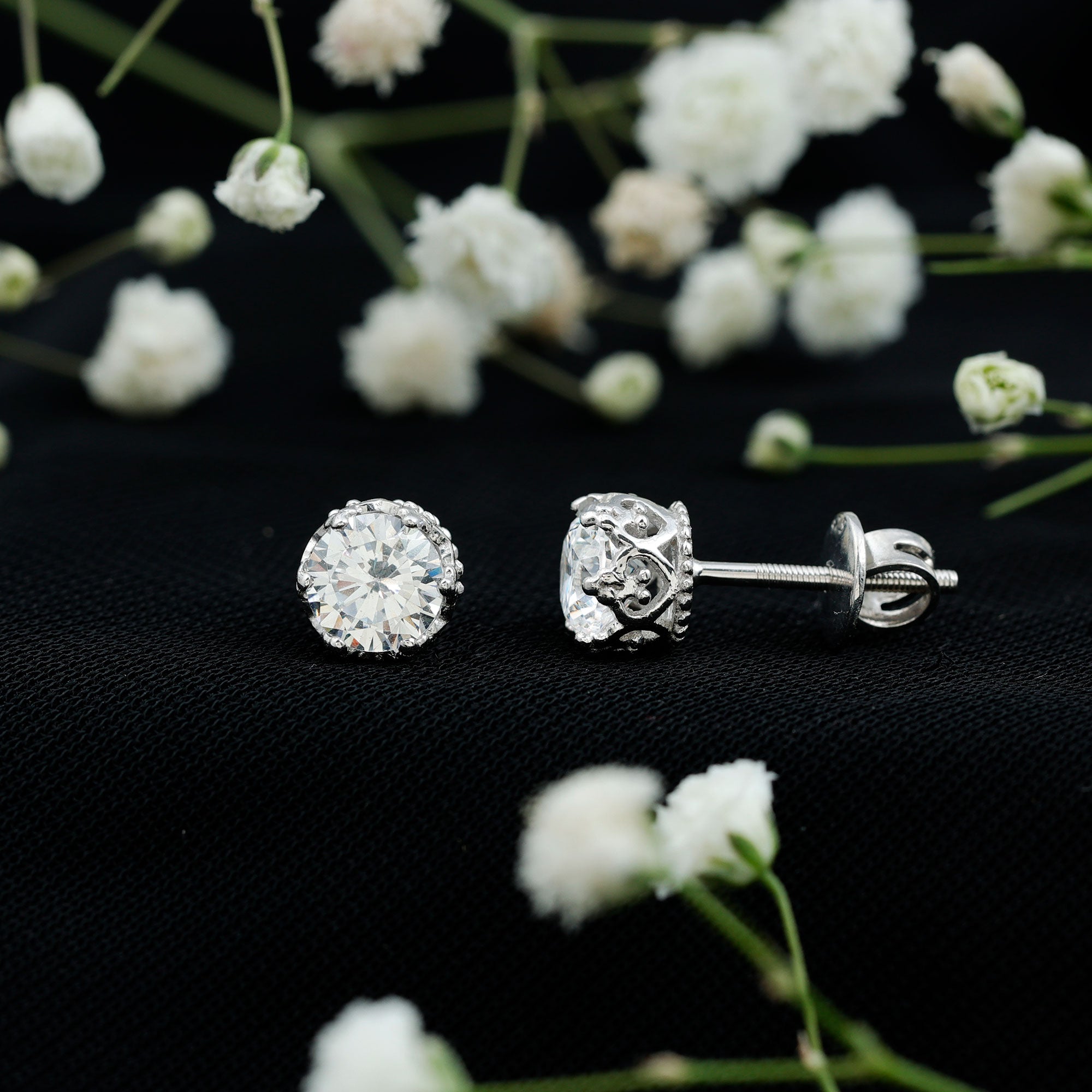 Crown Set 6 MM Round Zircon Solitaire Stud Earrings in Silver