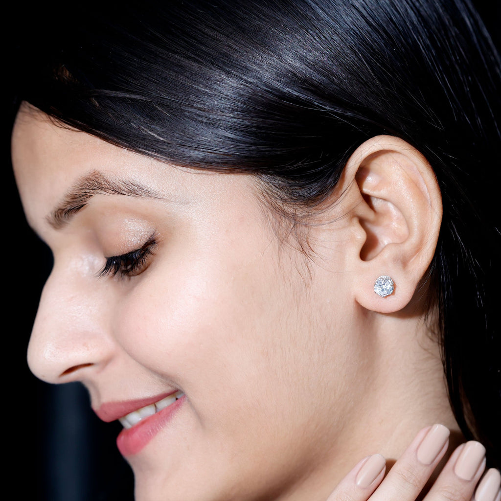Crown Set 6 MM Round Zircon Solitaire Stud Earrings in Silver