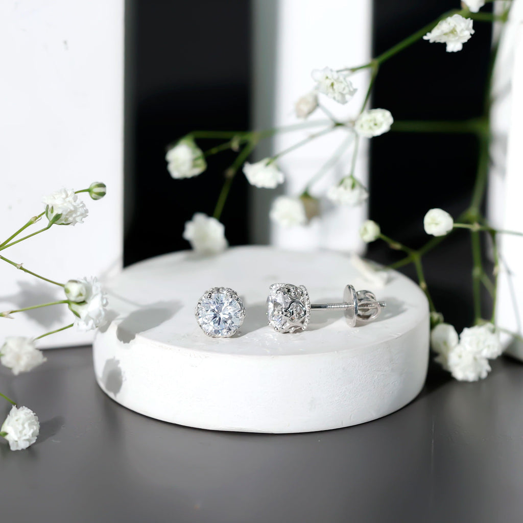 Crown Set 6 MM Round Zircon Solitaire Stud Earrings in Silver