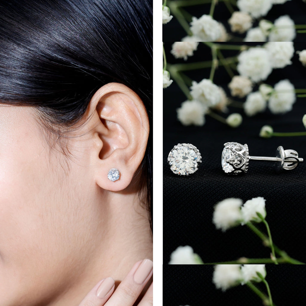 Crown Set 6 MM Round Zircon Solitaire Stud Earrings in Silver