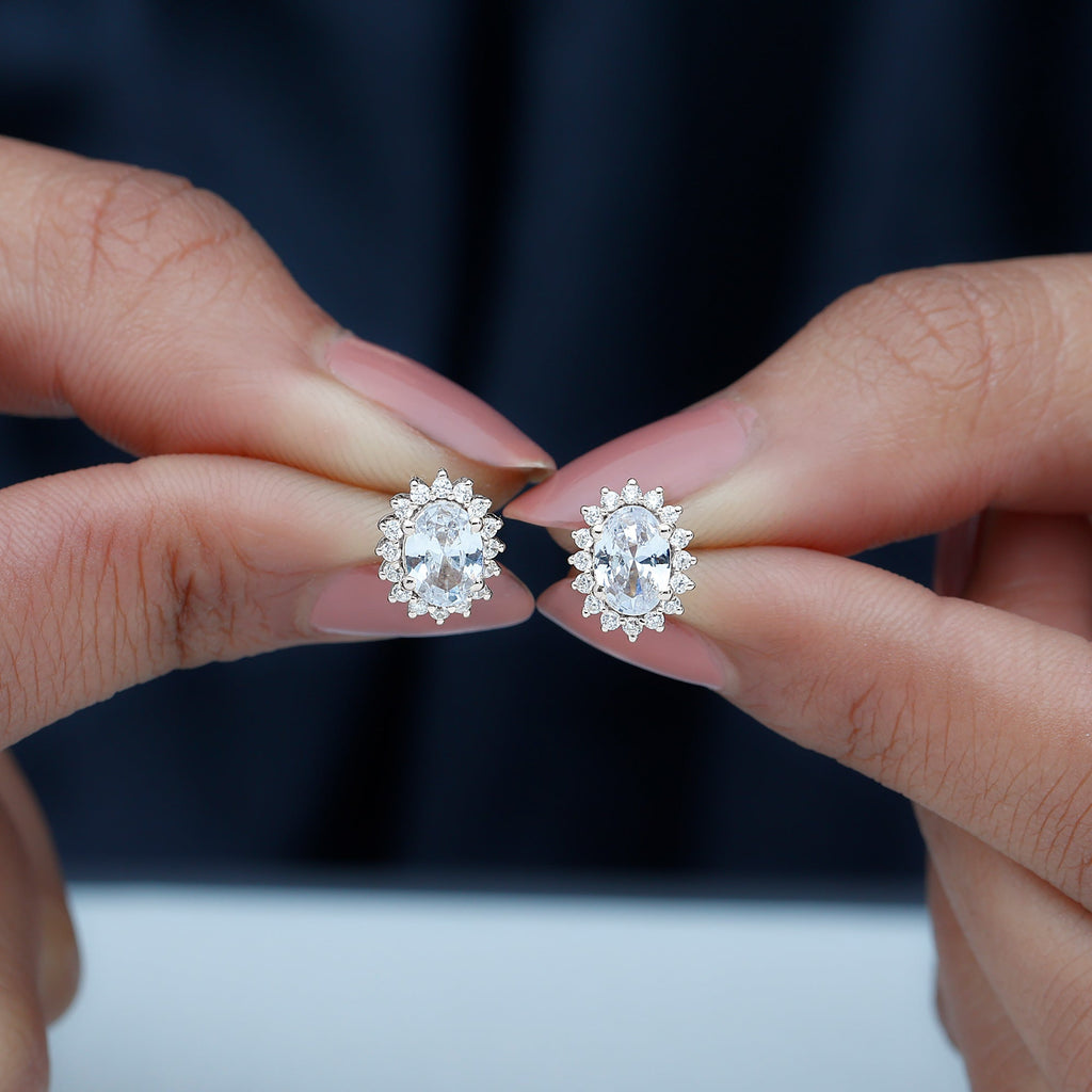 Certified 5X7MM Oval Cubic Zirconia Halo Stud Earrings in Silver