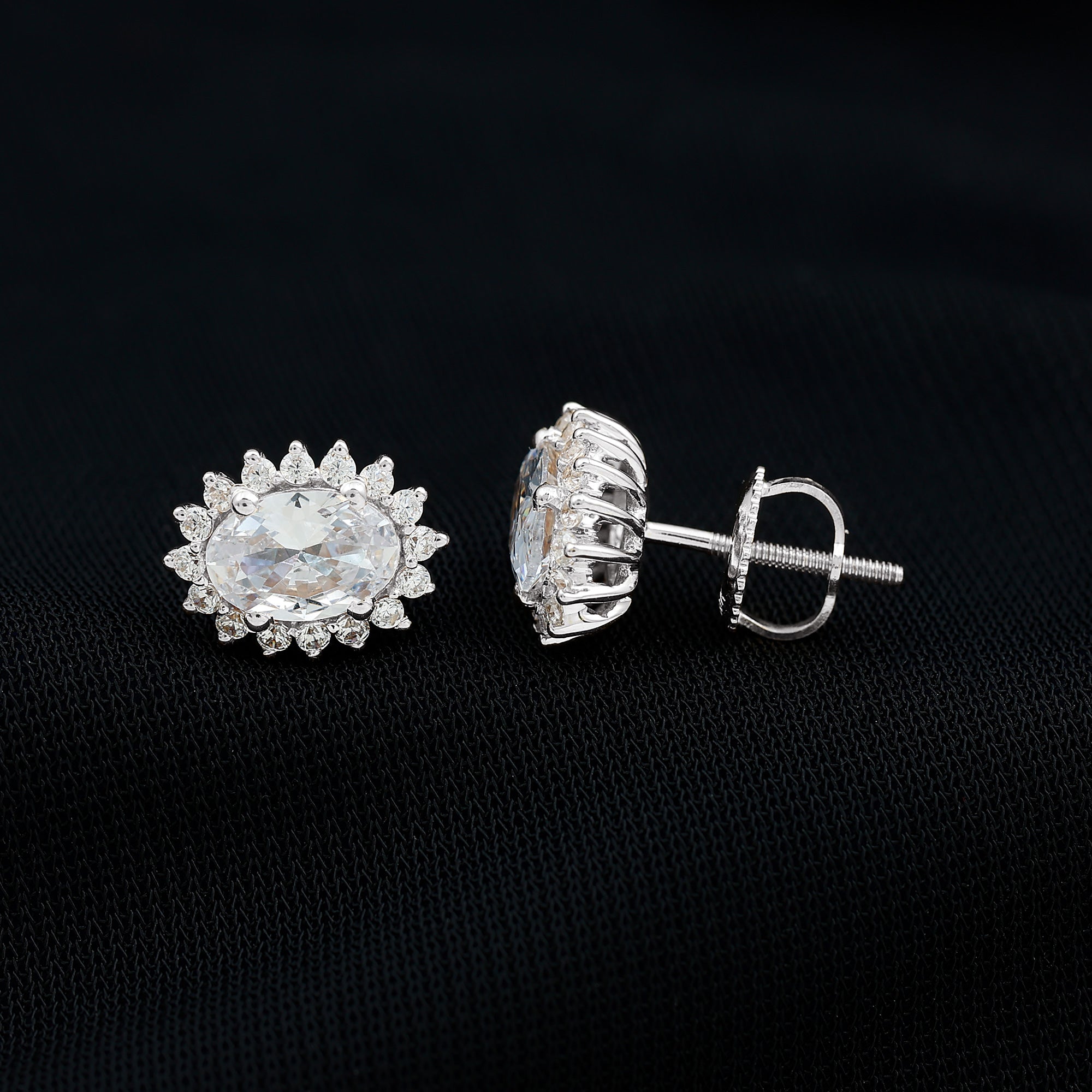 Certified 5X7MM Oval Cubic Zirconia Halo Stud Earrings in Silver