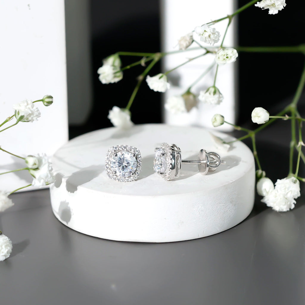 Cubic Zirconia Halo Stud Earrings in 14K Gold Plated Silver