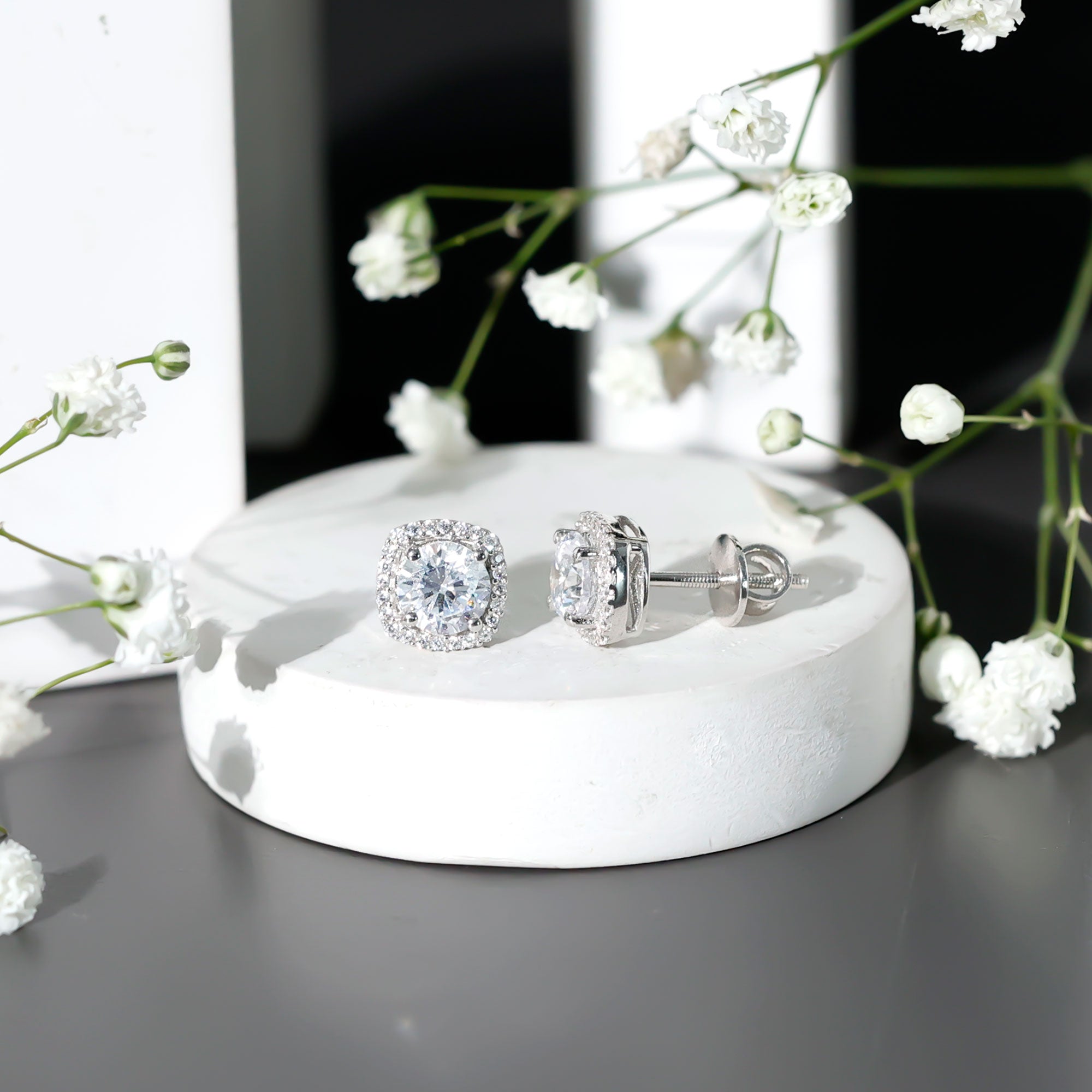 Cubic Zirconia Halo Stud Earrings in 14K Gold Plated Silver