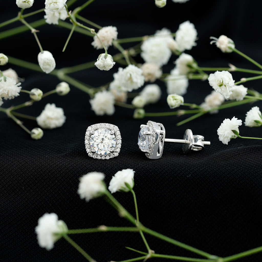 Cubic Zirconia Halo Stud Earrings in 14K Gold Plated Silver