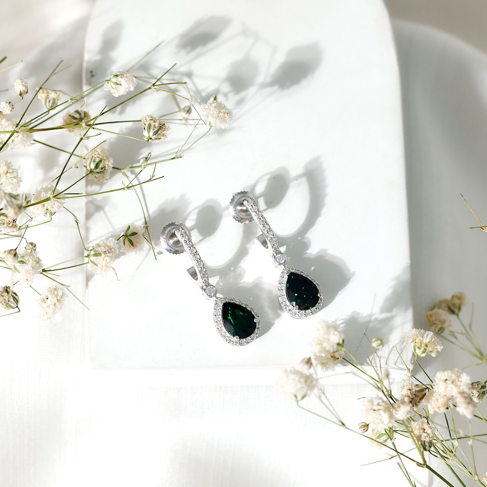 6X8 MM Black Opal Teardrop Earrings with Moissanite