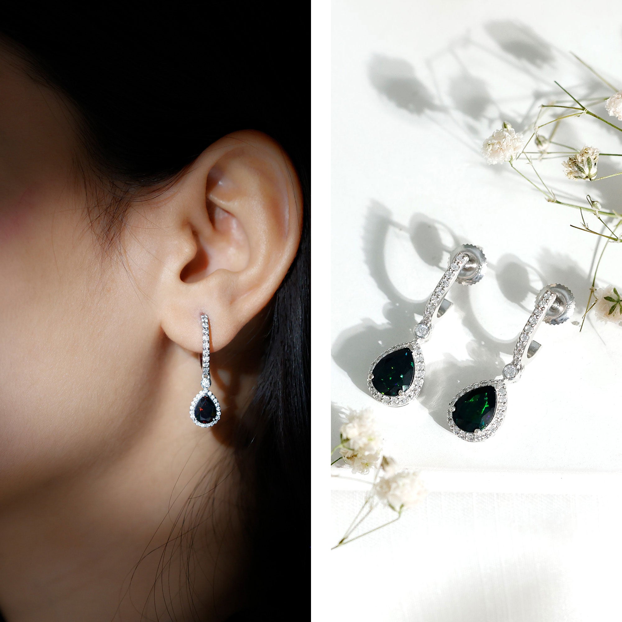 6X8 MM Black Opal Teardrop Earrings with Moissanite