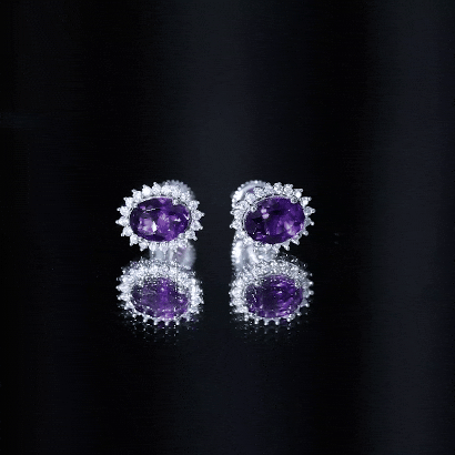 Oval Shaped 6X8 MM Amethyst Stud Earrings With Moissanite Halo