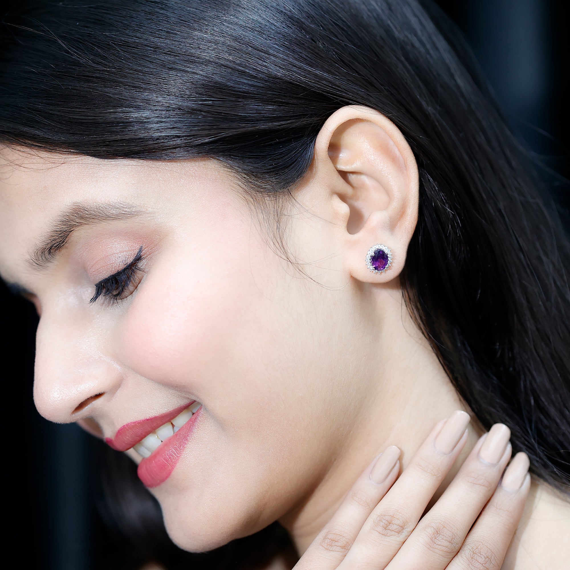 Oval Shaped 6X8 MM Amethyst Stud Earrings With Moissanite Halo