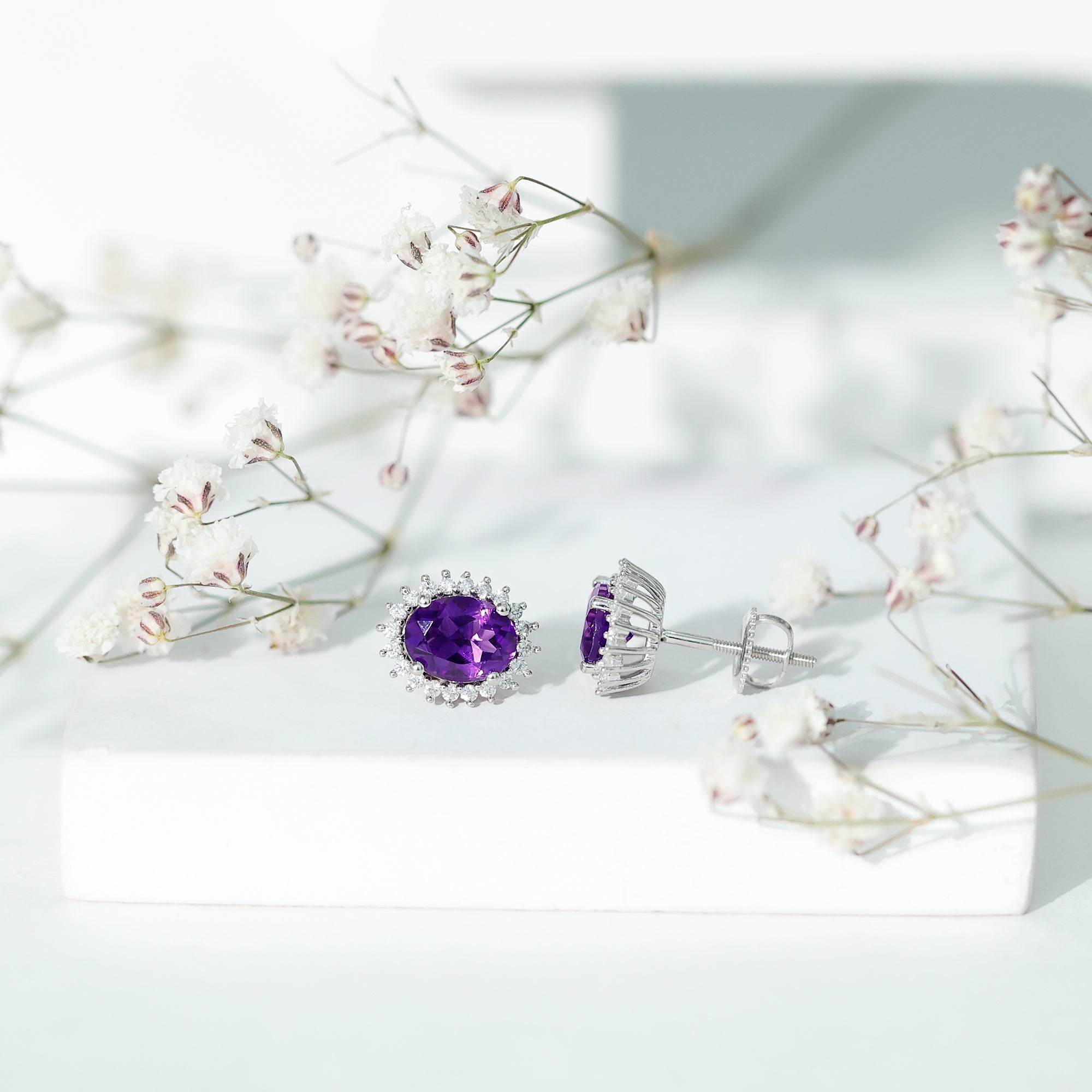 Oval Shaped 6X8 MM Amethyst Stud Earrings With Moissanite Halo