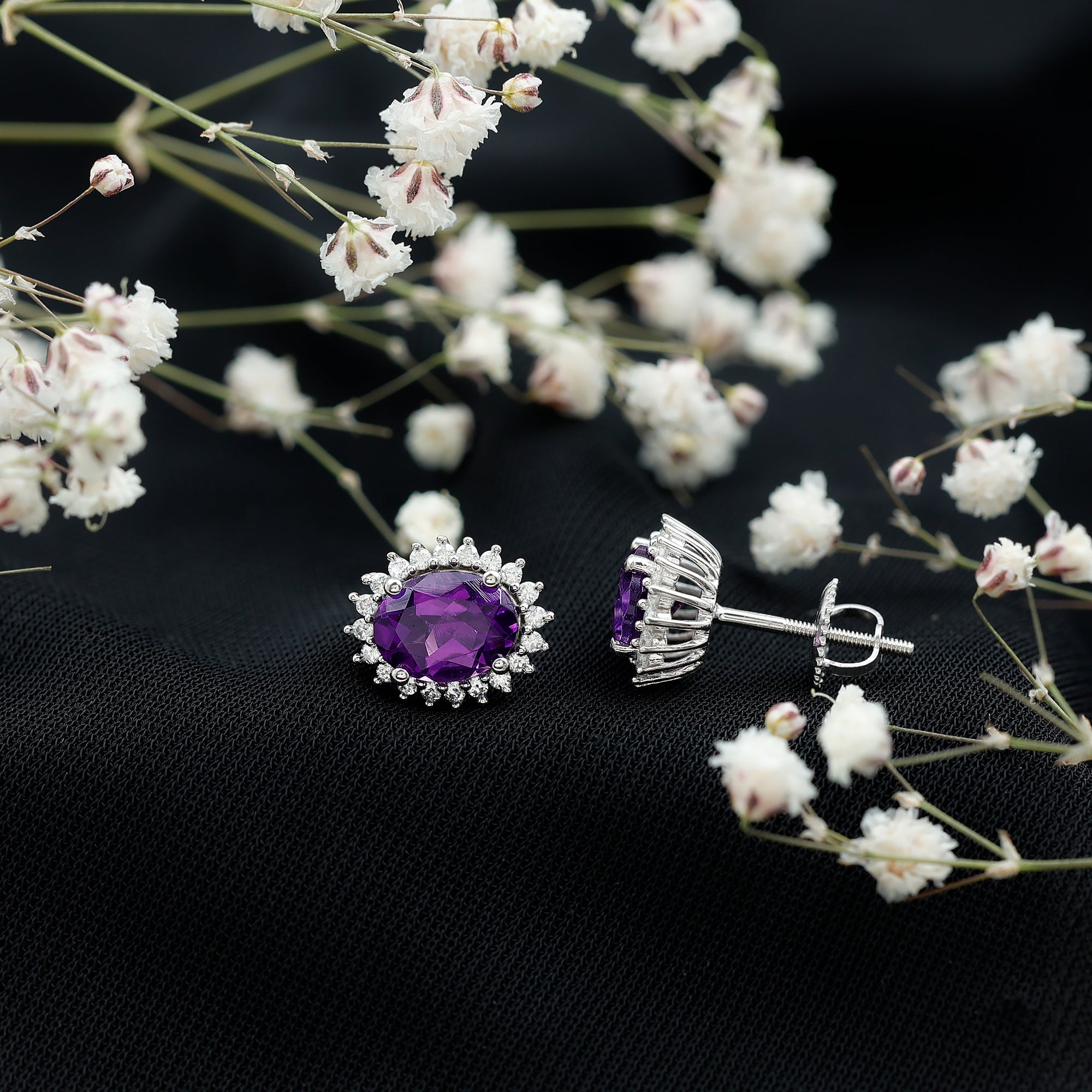 Oval Shaped 6X8 MM Amethyst Stud Earrings With Moissanite Halo