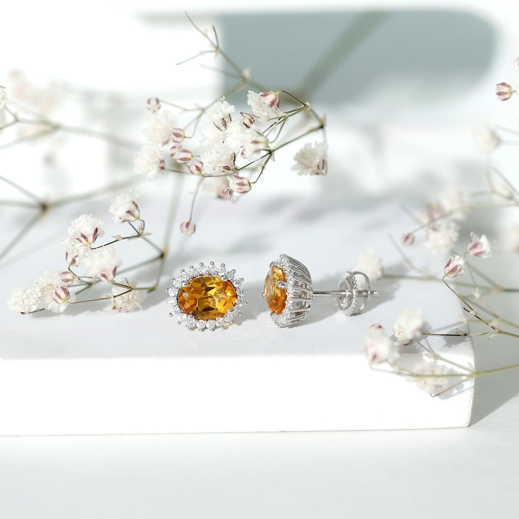 Oval Shaped 6X8 MM Citrine Moissanite Stud Earrings