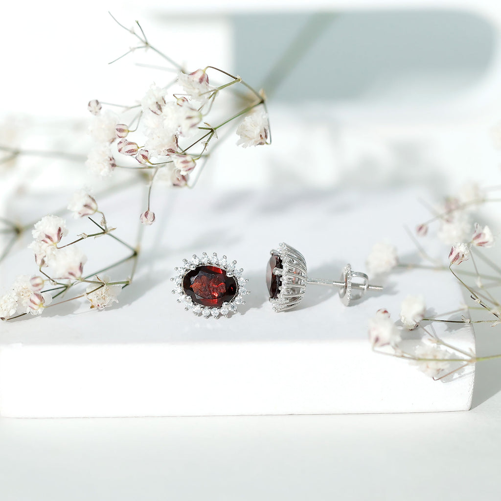 Real 6X8mm Oval Garnet Stud Earrings in 14K Gold Plated Silver