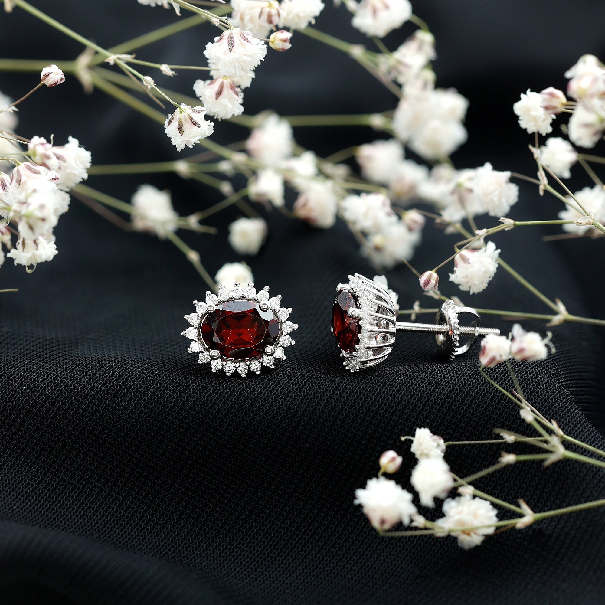 Real 6X8mm Oval Garnet Stud Earrings in 14K Gold Plated Silver