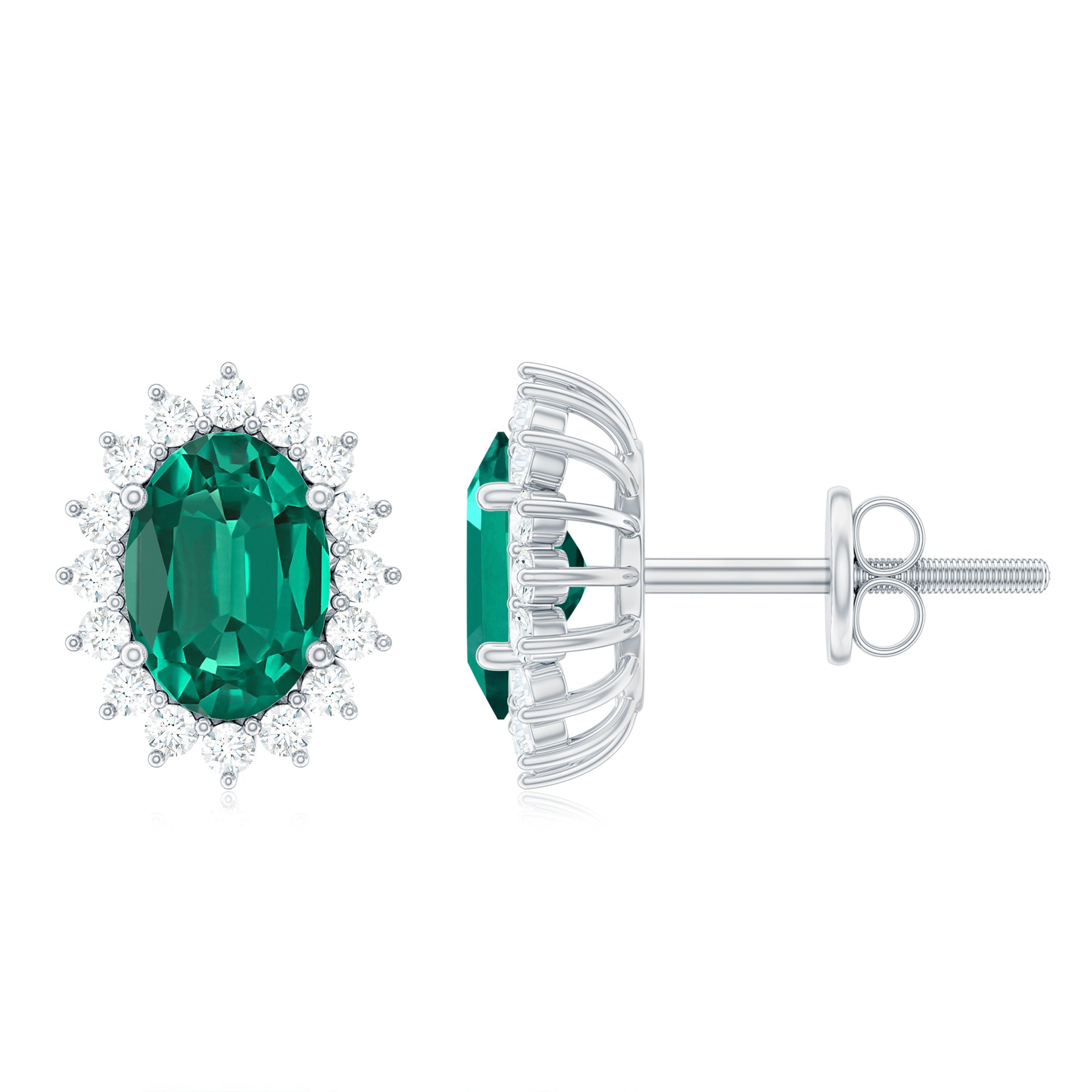 Silver Lab Grown Emerald Stud Earrings With Moissanite