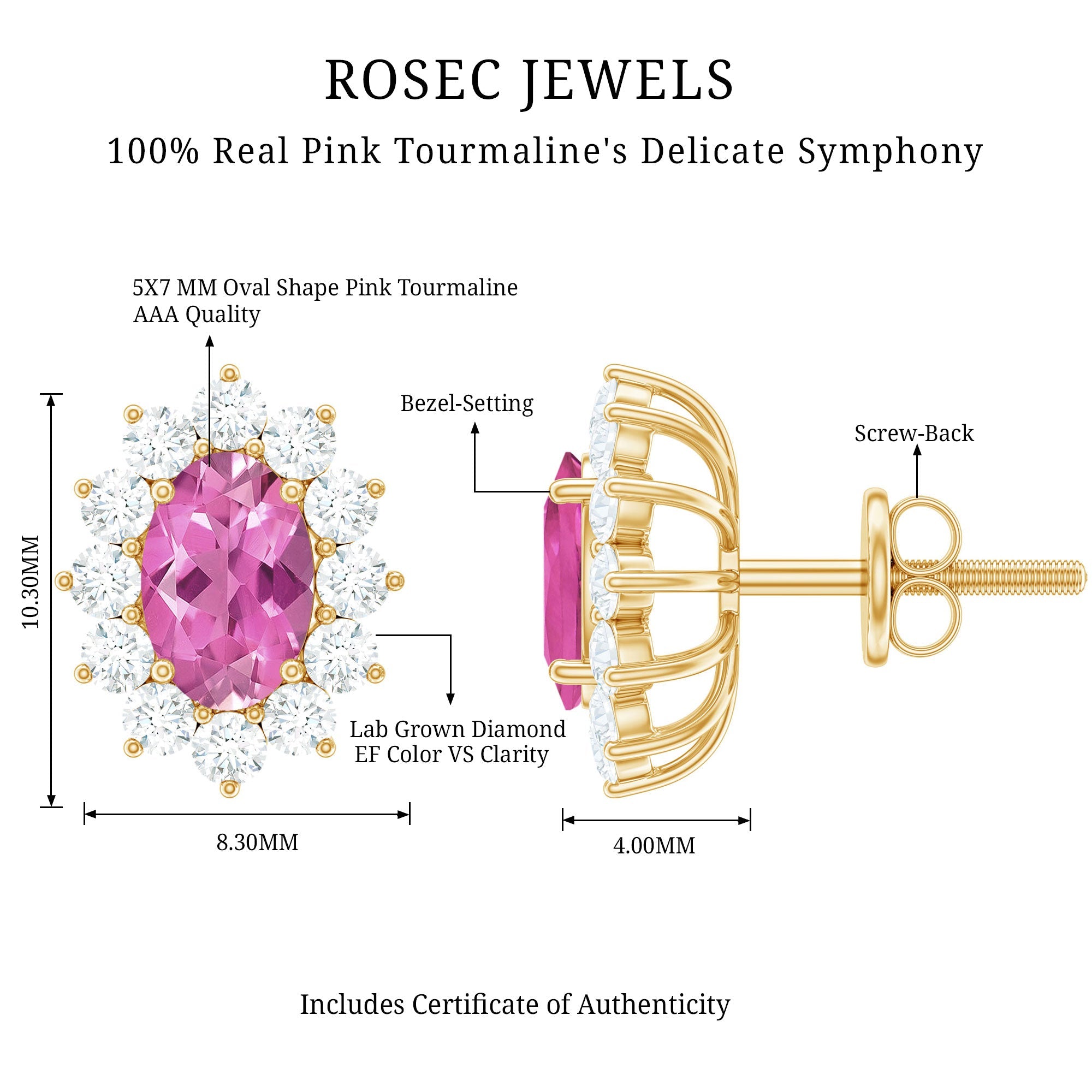 Oval Cut 5X7 MM Pink Tourmaline Stud Earrings with Diamond