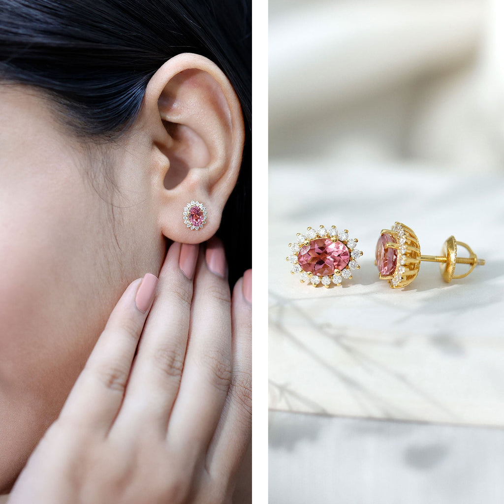 Oval Cut 5X7 MM Pink Tourmaline Stud Earrings with Diamond