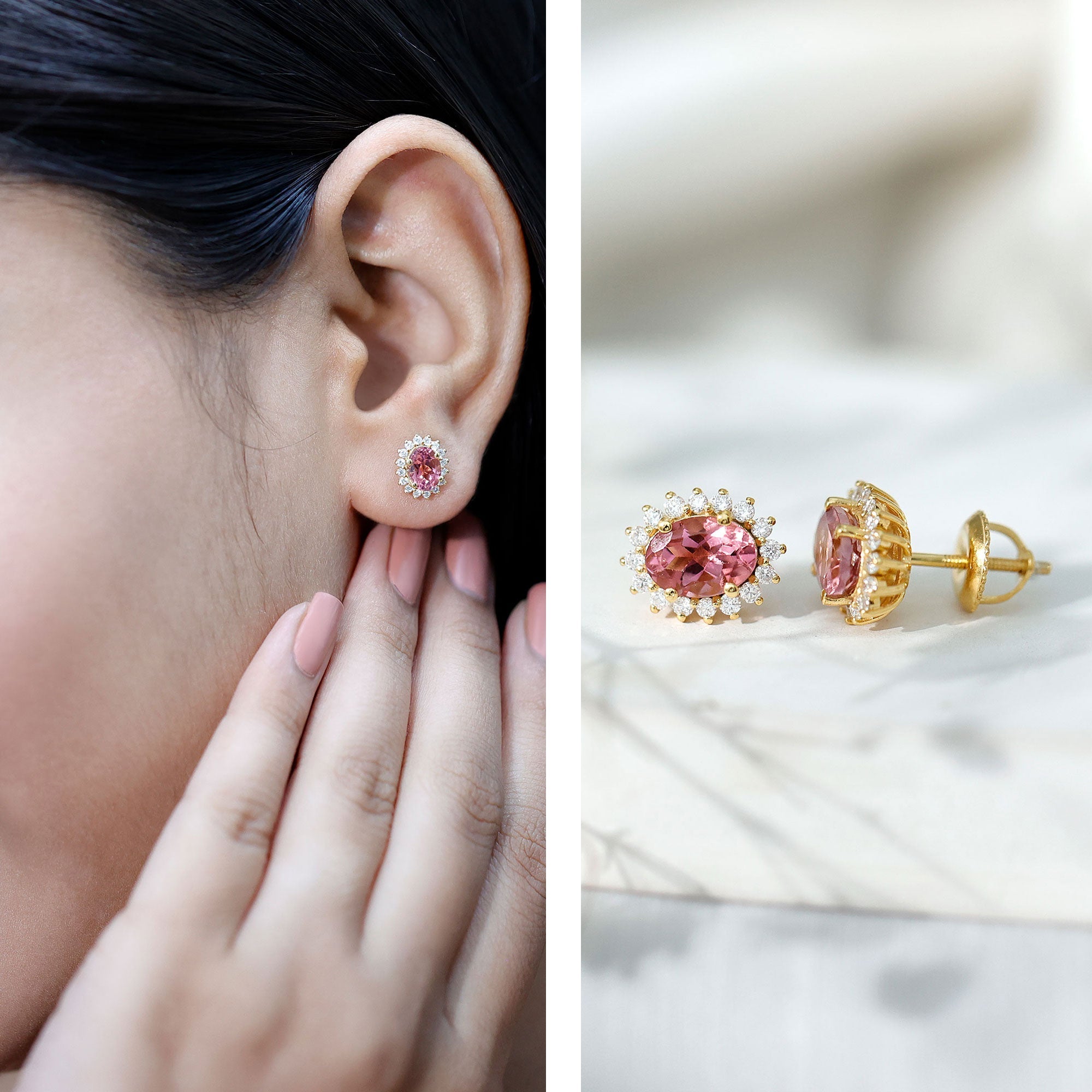 Oval Cut 5X7 MM Pink Tourmaline Stud Earrings with Diamond