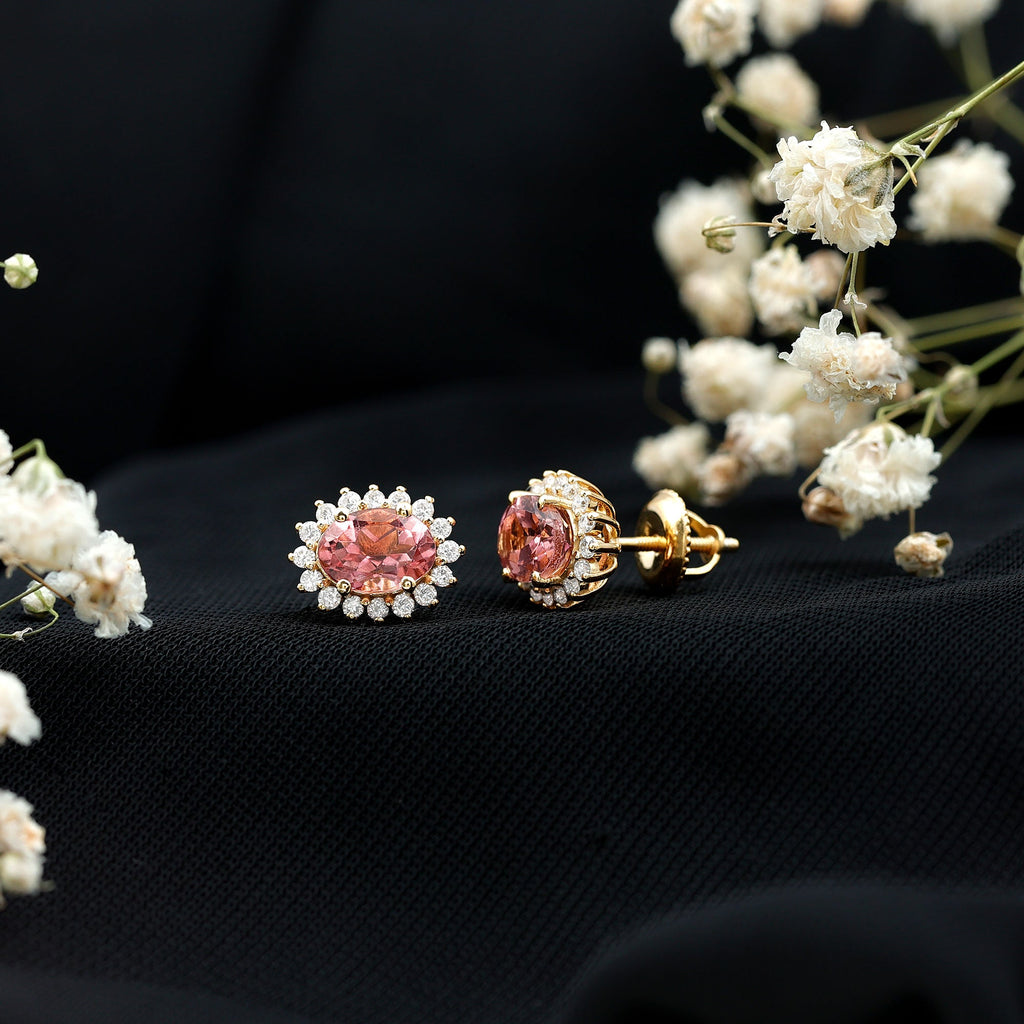 Oval Cut 5X7 MM Pink Tourmaline Stud Earrings with Diamond