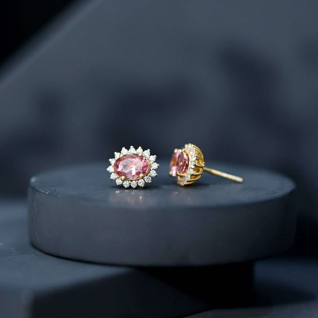 Oval Cut 5X7 MM Pink Tourmaline Stud Earrings with Diamond