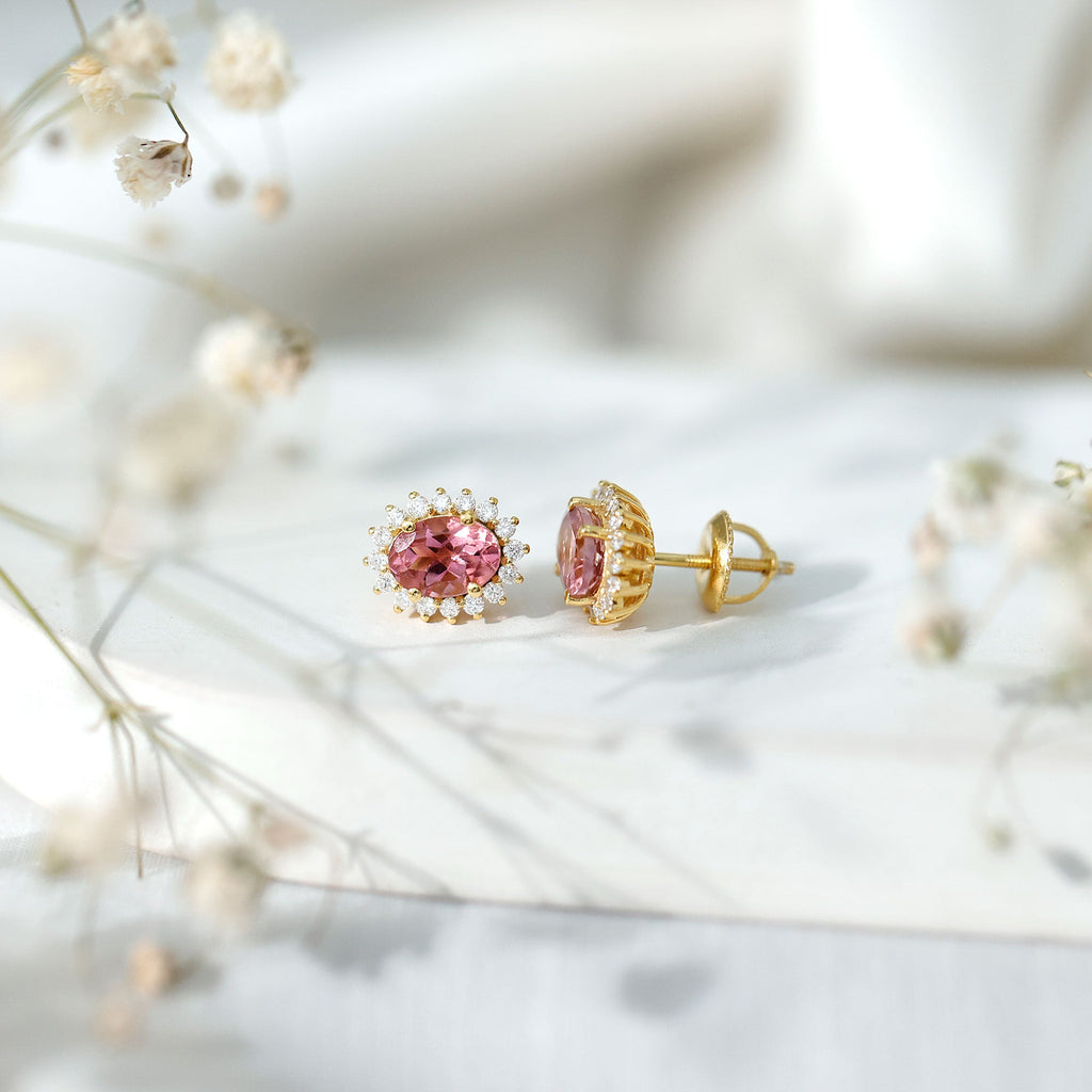 Oval Cut 5X7 MM Pink Tourmaline Stud Earrings with Diamond
