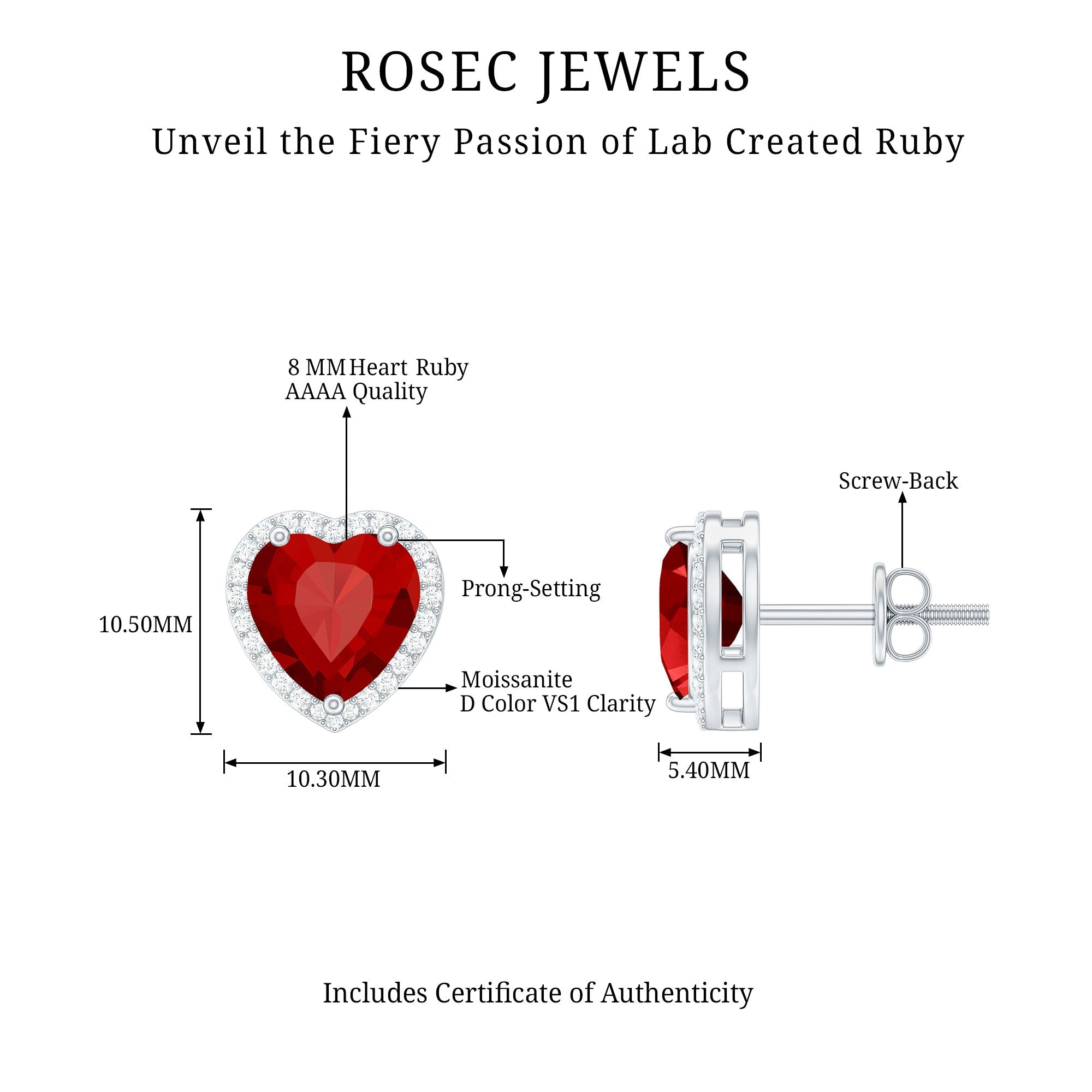 8 MM Lab Grown Ruby Heart Stud Earrings with Moissanite Halo
