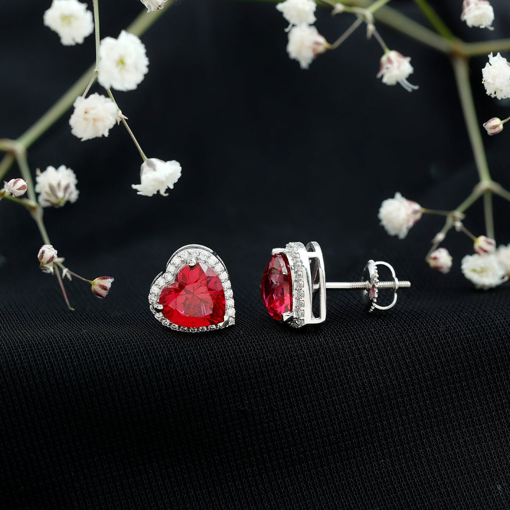 8 MM Lab Grown Ruby Heart Stud Earrings with Moissanite Halo
