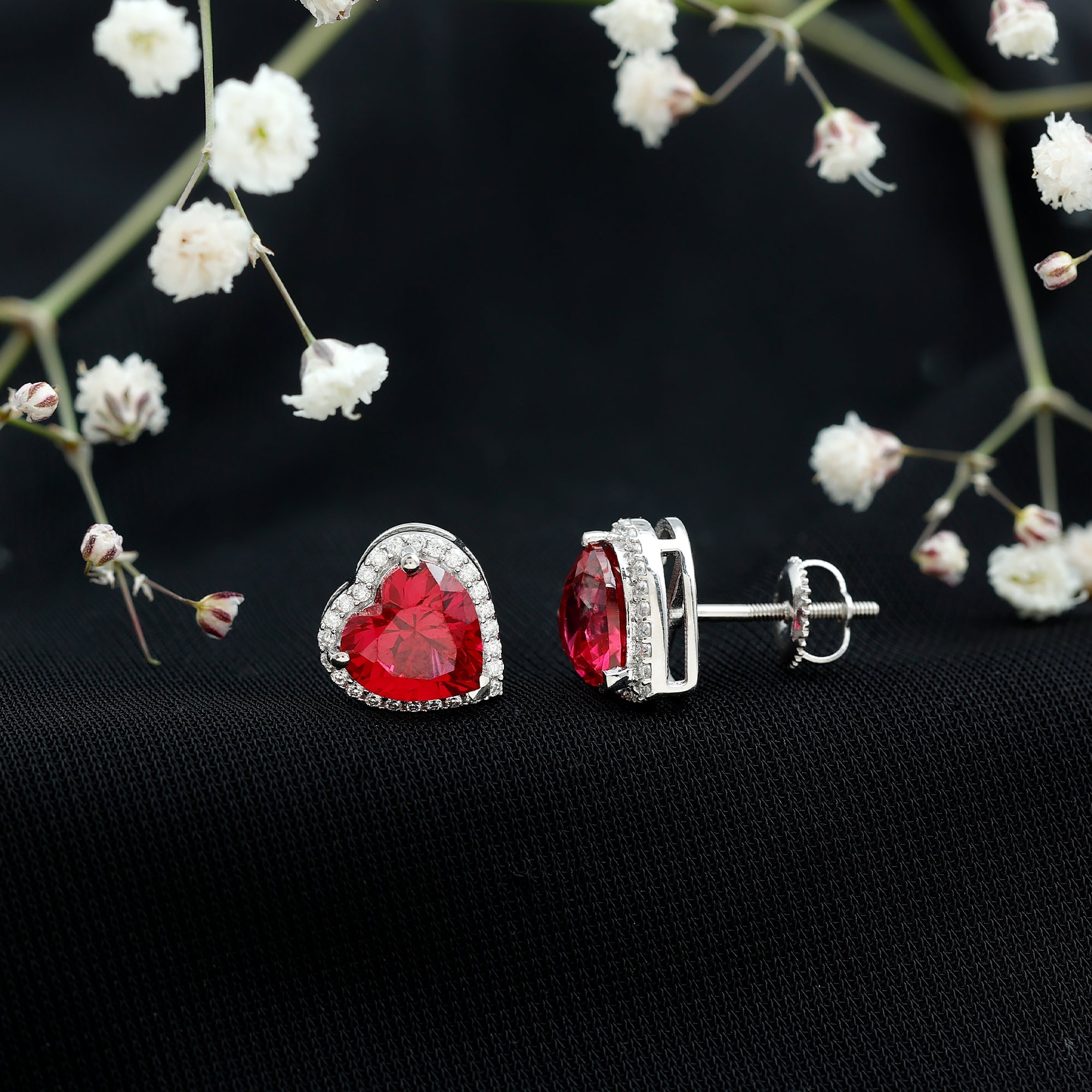 8 MM Lab Grown Ruby Heart Stud Earrings with Moissanite Halo