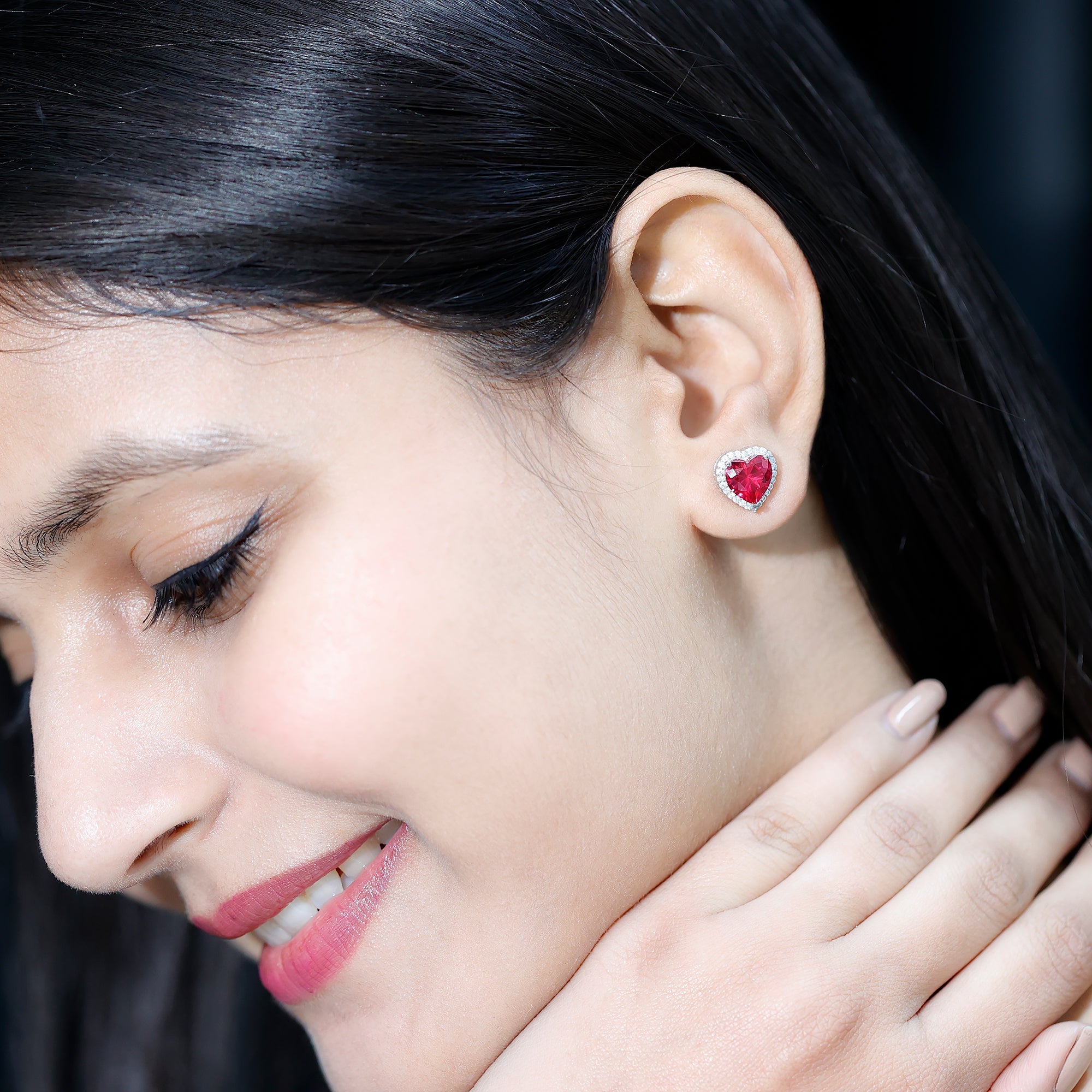 8 MM Lab Grown Ruby Heart Stud Earrings with Moissanite Halo