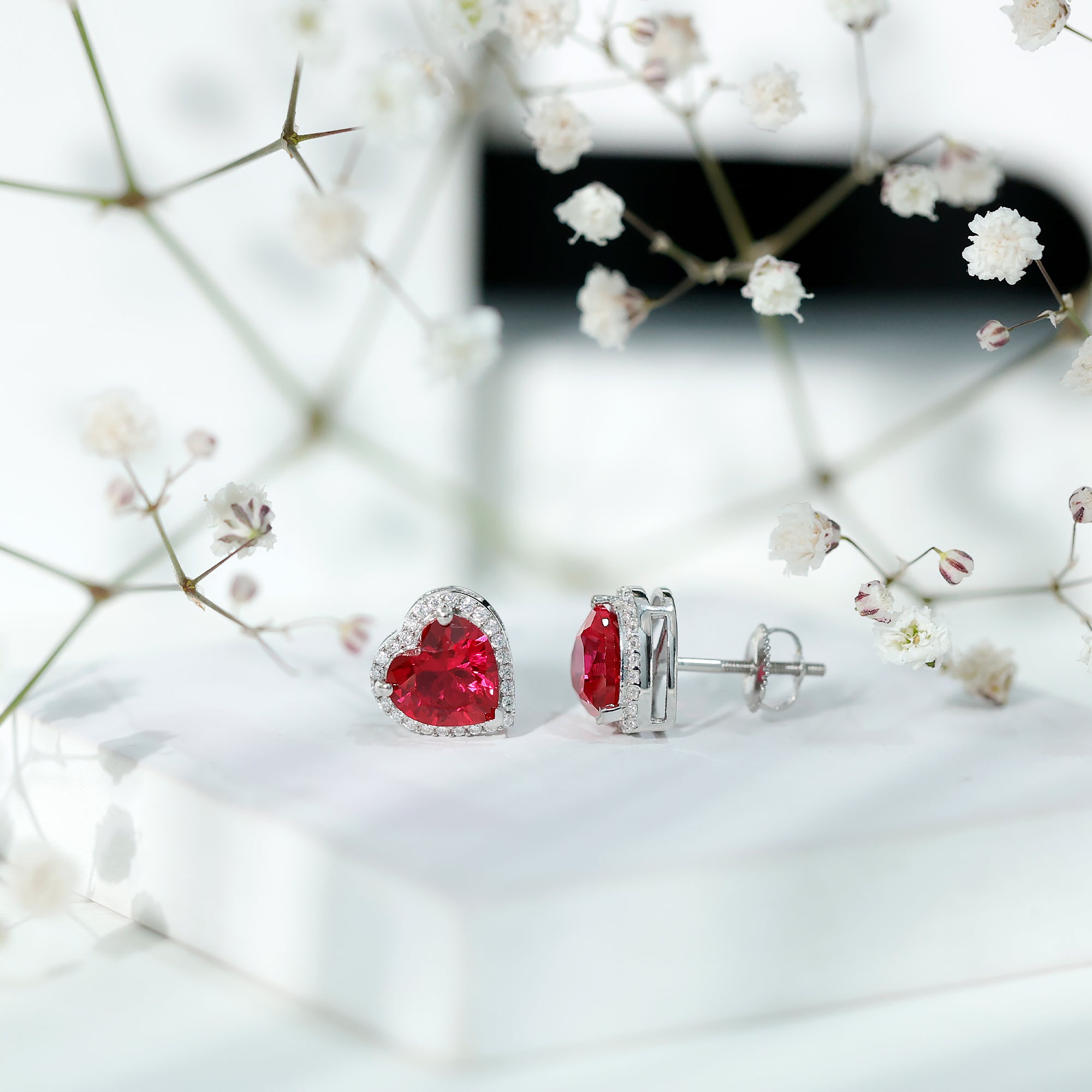 8 MM Lab Grown Ruby Heart Stud Earrings with Moissanite Halo