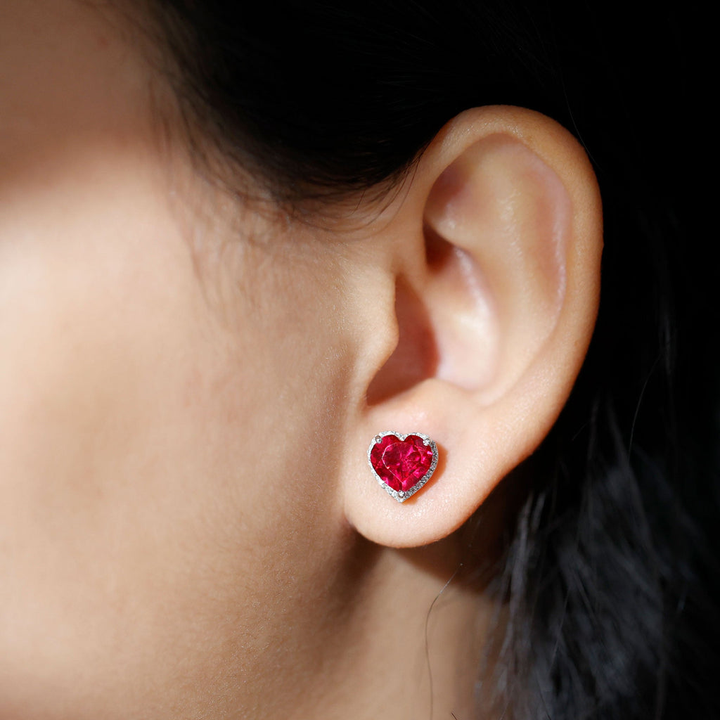 8 MM Lab Grown Ruby Heart Stud Earrings with Moissanite Halo